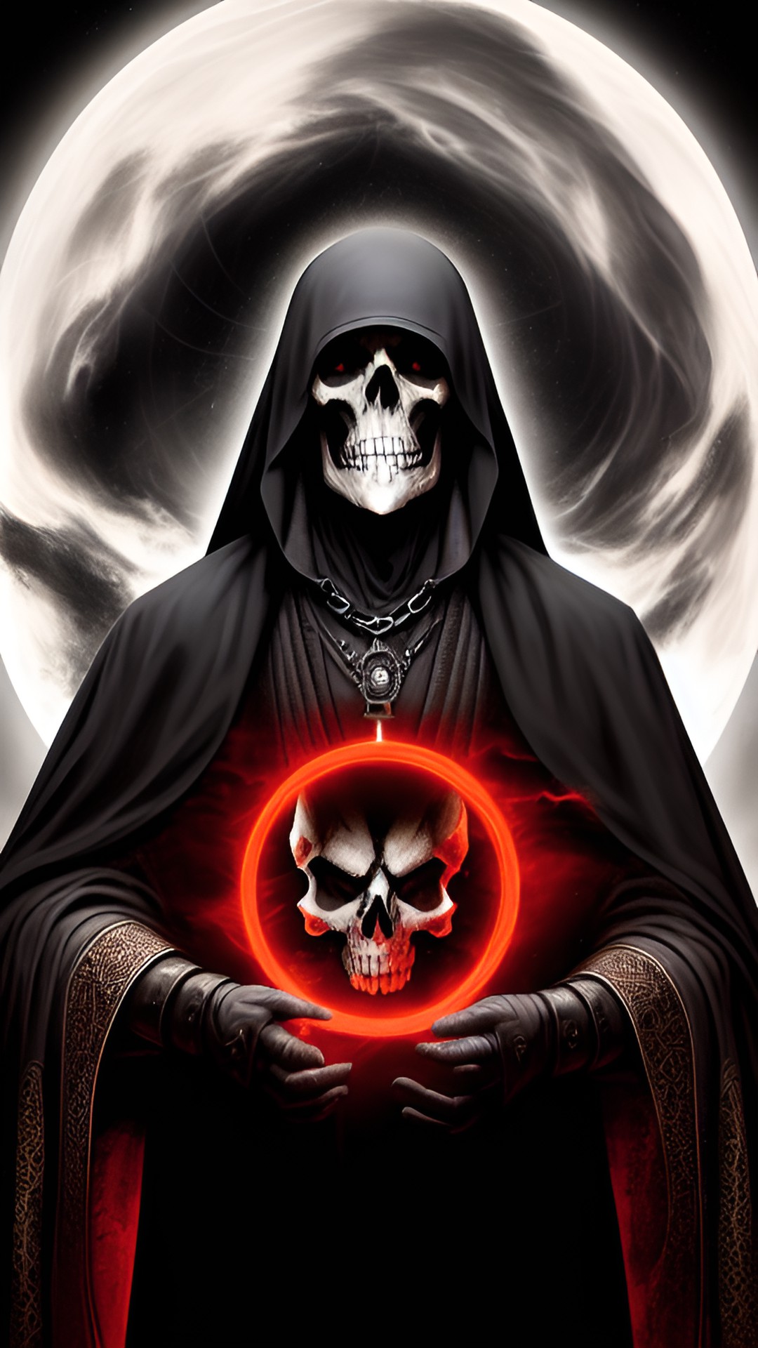 Gr reaper - half veil skull head​​ grim reaper holding a large sikle in darklight circle, darkness magic ring on background,there is a skull placed outside the circle,4k, ultra detail preview