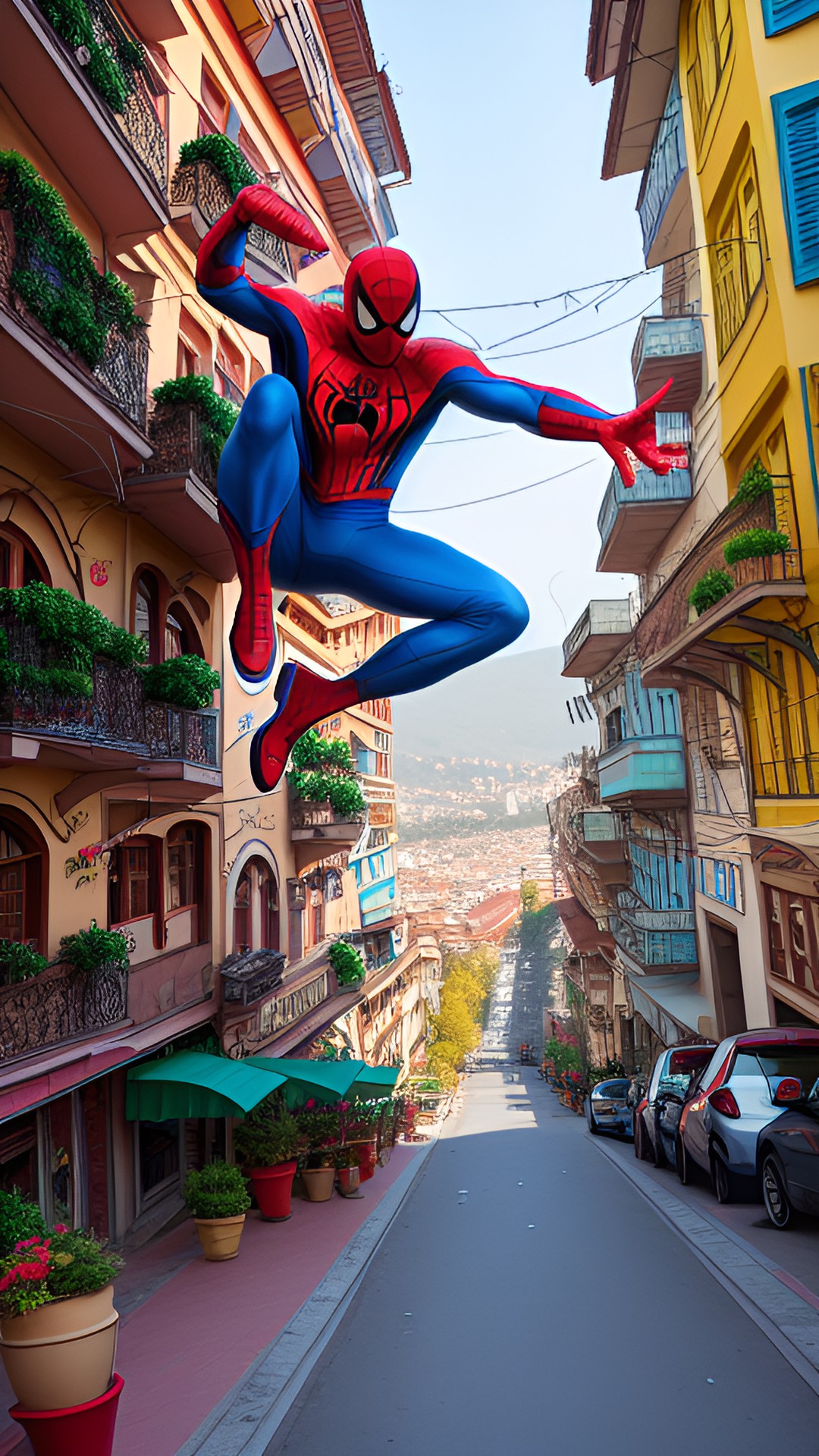 georgian spider man swinging through the colorful streets of tbilisi, dodging pastel-hued balconies and ornate architecture, with spider webs trailing behind him. preview