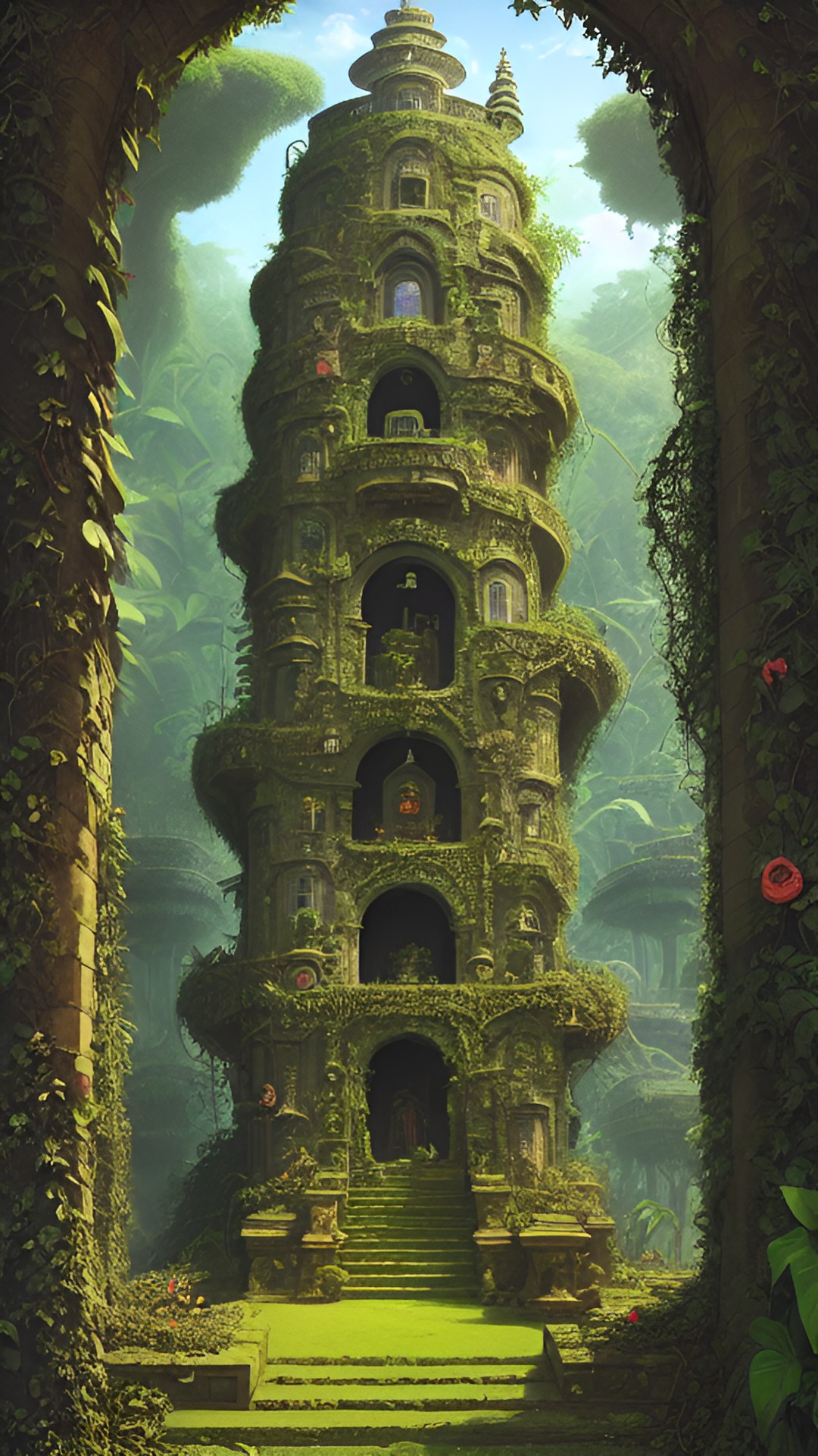 a towering ancient jungle temple, overgrown with vines and surrounded by lush plant life. in the center, an intricate stone staircase leads up to a mysterious arched entrance, shrouded in shadow." preview