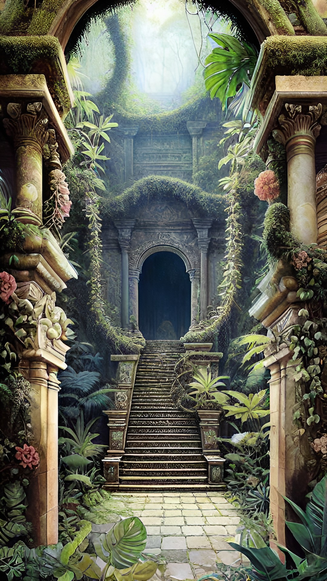 a towering ancient jungle temple, overgrown with vines and surrounded by lush plant life. in the center, an intricate stone staircase leads up to a mysterious arched entrance, shrouded in shadow." preview