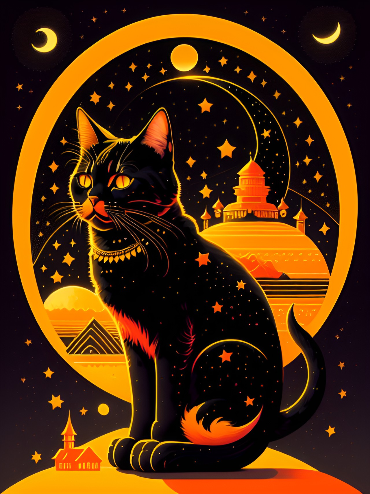 Starry Cat - black and ginger cat with crescent moon in background and stars preview