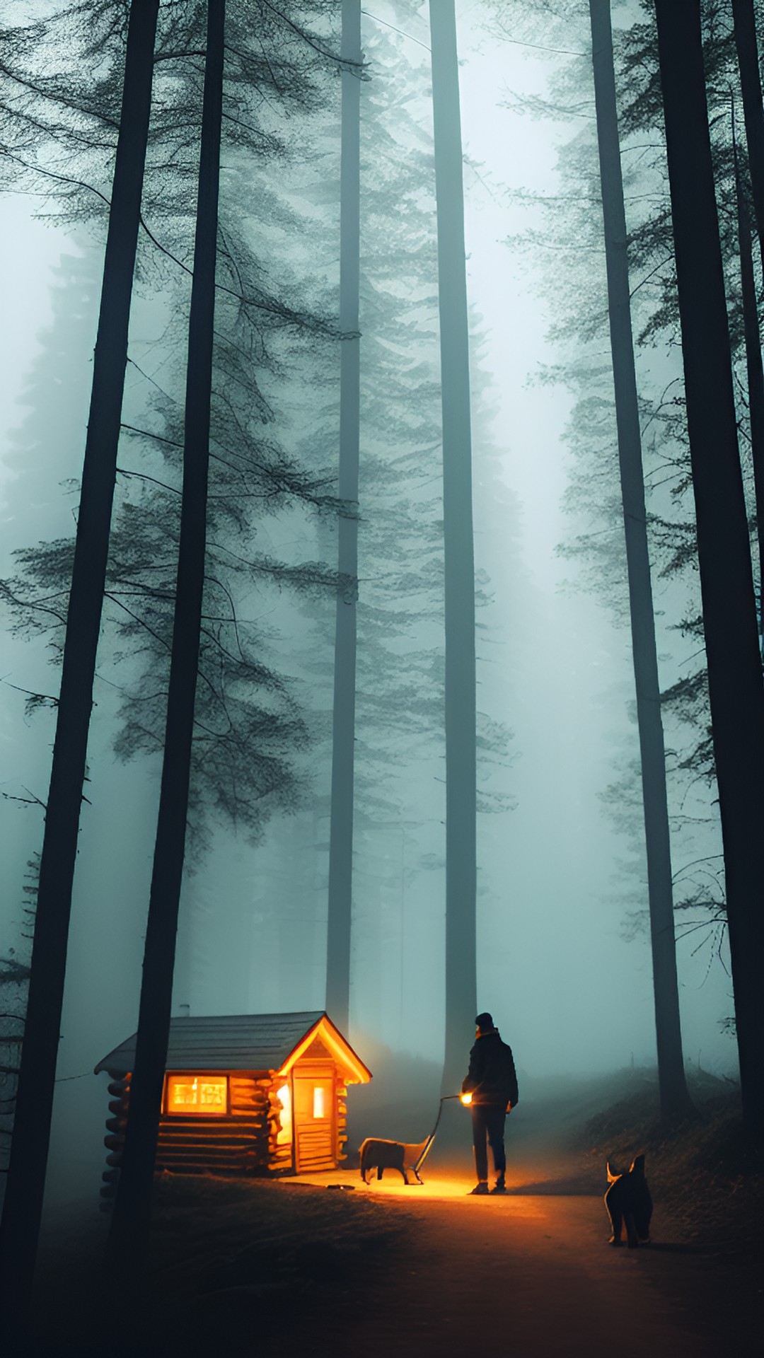 a man in mid of a dark forest, with torch light in hand, surrounded by fog, raining, a cabin in the woods, orange light inside the cabin, a dog beside the man. preview