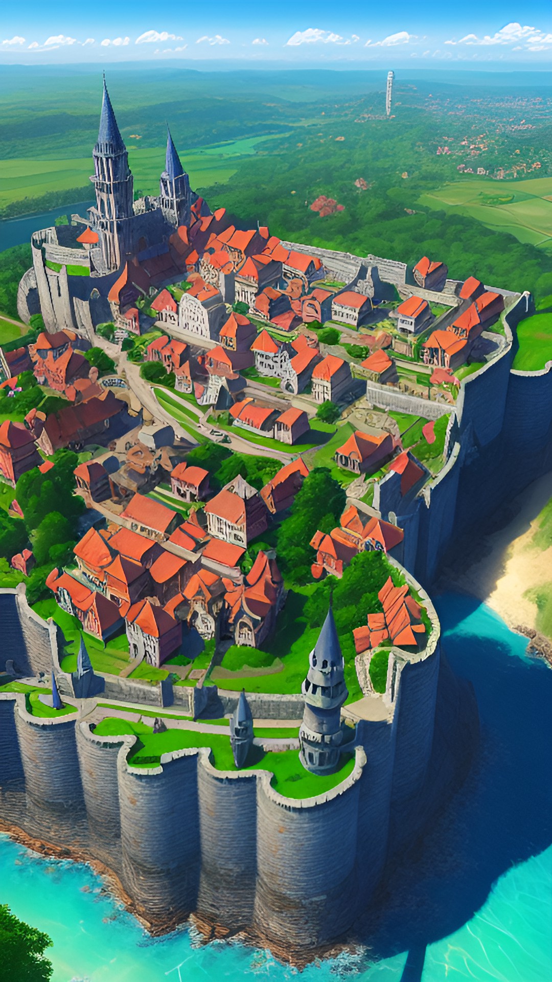 Wallton - walled village +medieval +fantasy +detailed +aerial view +clean +scenic +dynamic preview