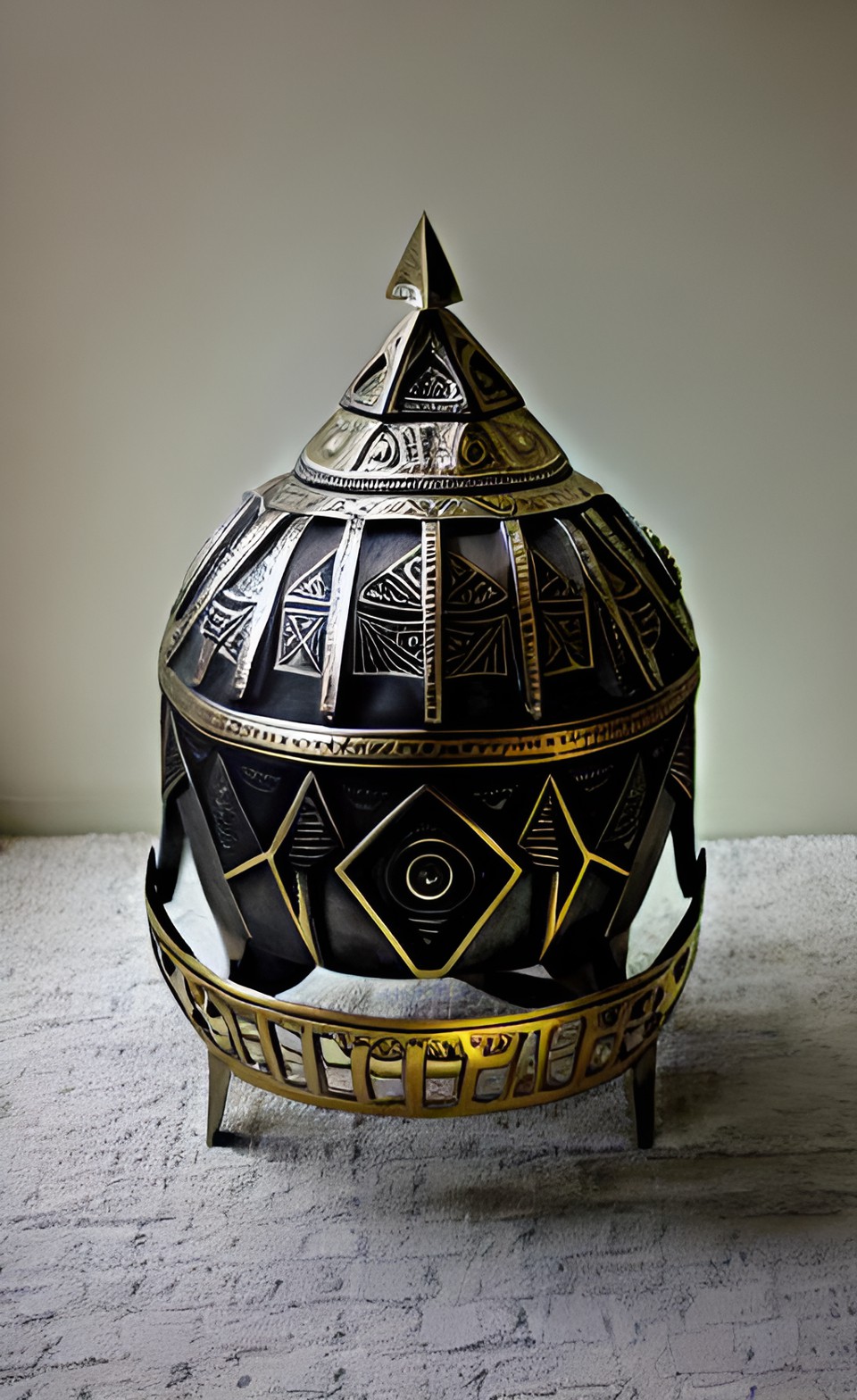 Crown - giant pewter and gold geometric asymmetrical  aztec stingray alien helmet sculpture coliseum underwater preview