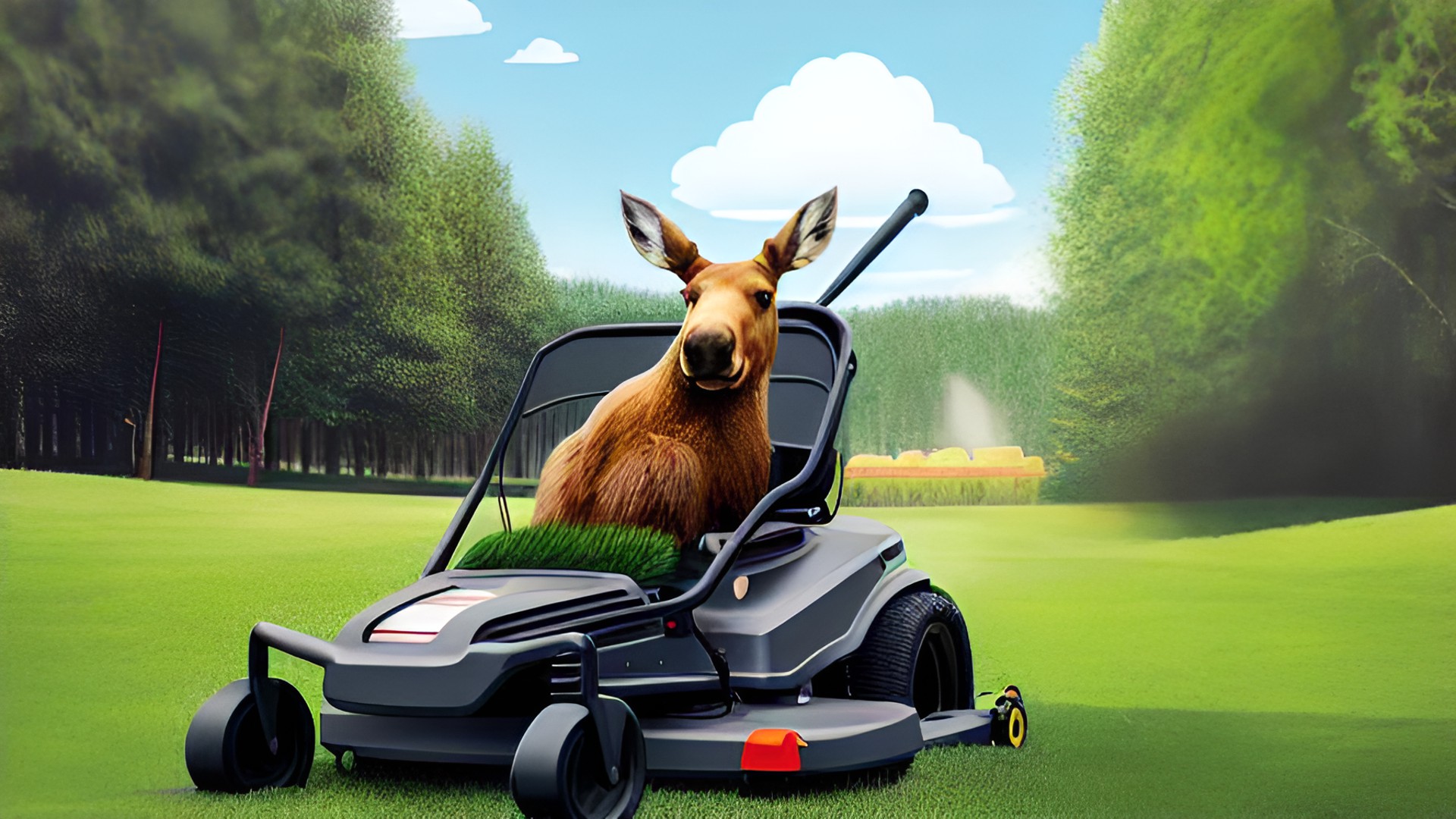 moose driving a lawn mower saying hi preview