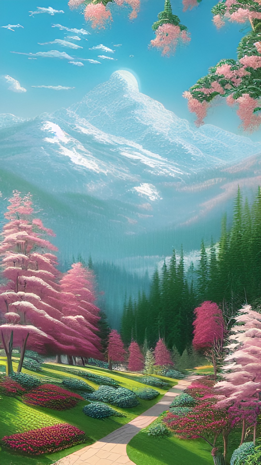 lush green landscape with snow capped mountains in the skyline... flowering trees... preview