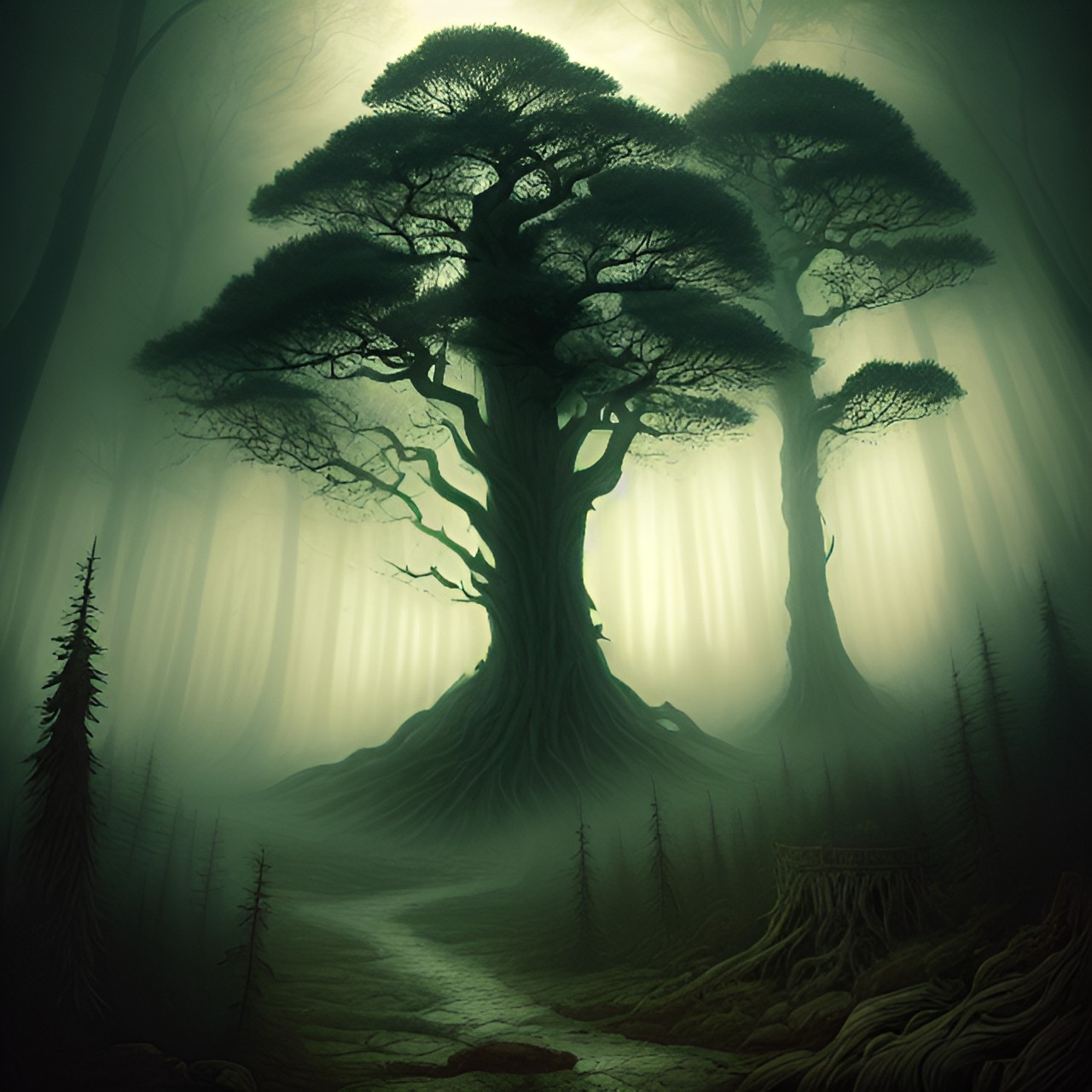 Mysterious forest - ancient forest with fog preview