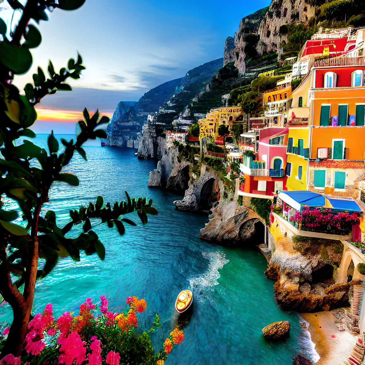 Italy - coast of italy - a breathtaking view of the sun setting over the rugged amalfi coast in italy, highlighting the colorful houses cascading down the mountainside. preview