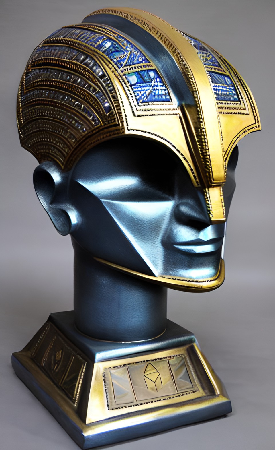 Ornamental Helmet - giant blue pewter and gold geometric asymmetrical aztec aerodynamic alien helmet sculpture coliseum preview