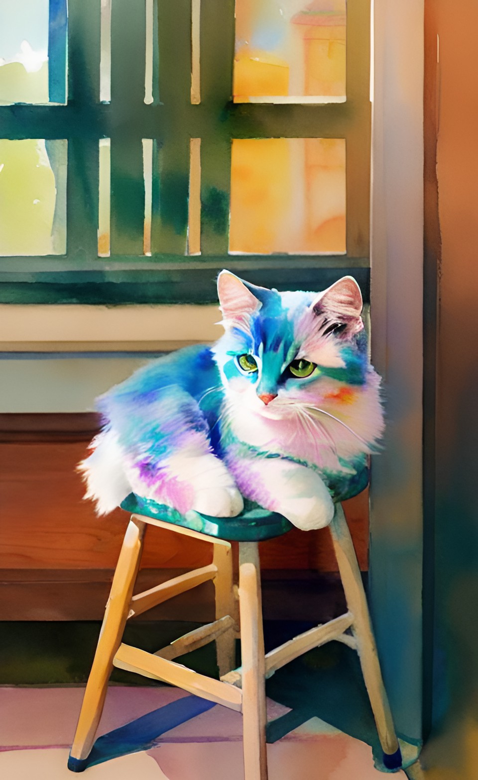 pastel housecat curled up on a stool preview