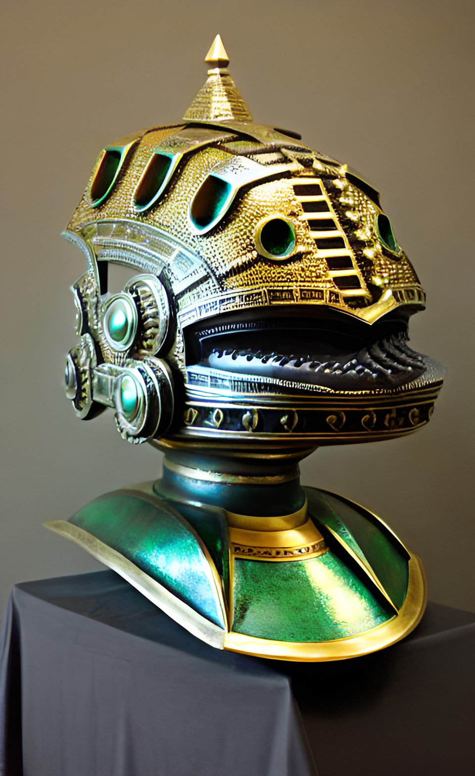 Ancient Helmet - giant green pewter and gold geometric asymmetrical  aztec shark alien helmet sculpture coliseum underwater preview