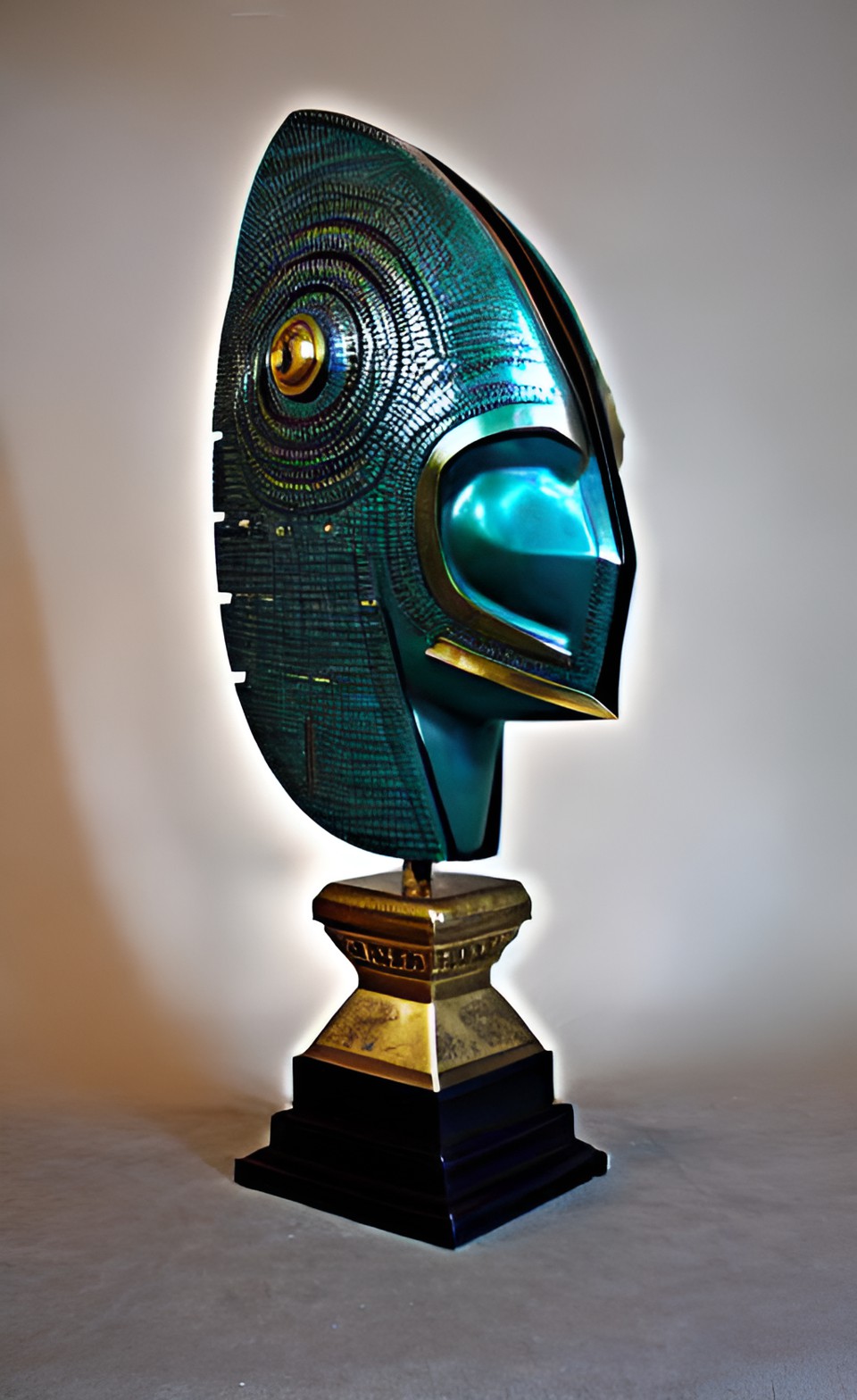 Patina Statue - giant turquoise pewter and gold geometric asymmetrical  aztec shark alien helmet sculpture coliseum hydrodynamic preview