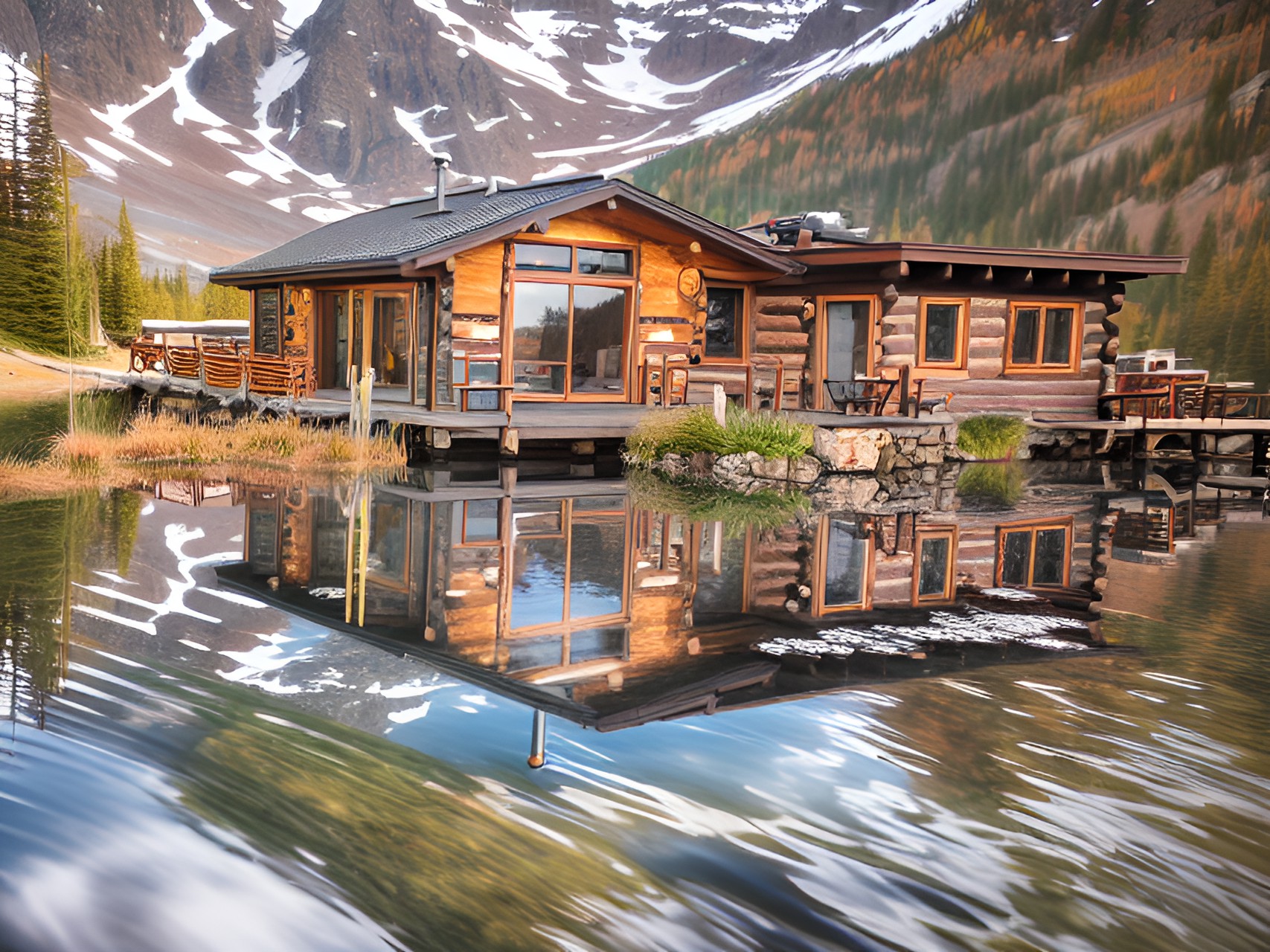 mountain home reflected in lake preview