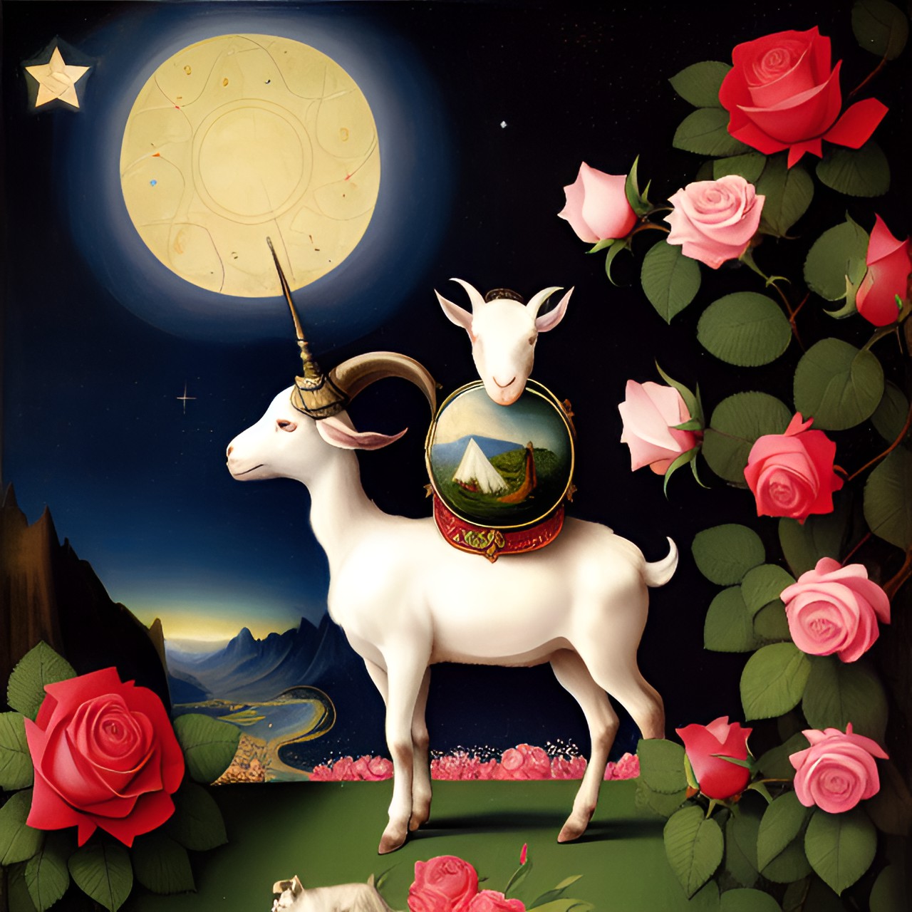 Walk tomorrow for me - benevolent goat under the starry sky with roses unbloomed preview