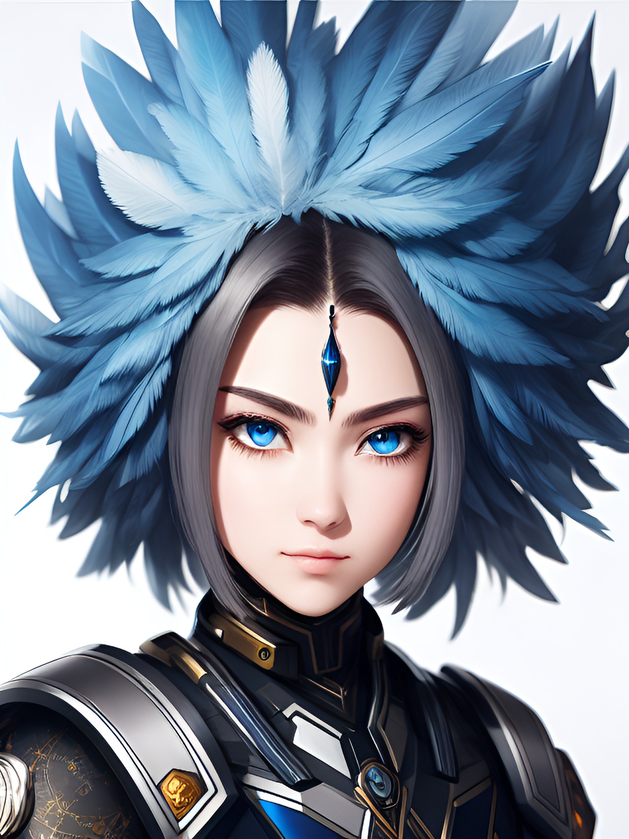 in a captivating world, a wise cyborg gazes out with intrigue and mystery. deep lines etched around their eyes and mouth convey a life full of wisdom. feathered hair adds an elegant touch, complementing their distinguished appearance. preview