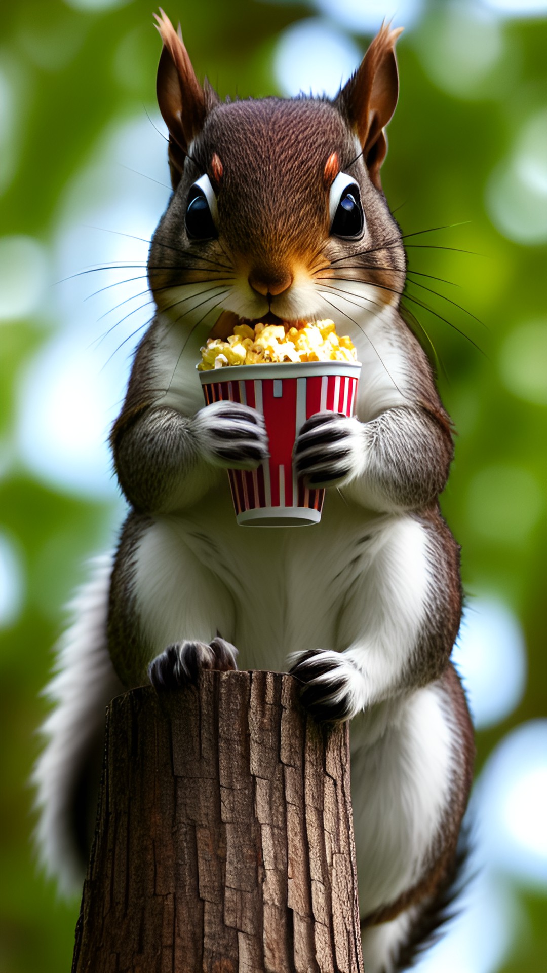 funny looking squirrel with giant crossed eyes,furry shades of greys,tones of browns going down back with hints of white, itty-bitty ears,small black nose like walnut,eating popcorn in comical forest of characters preview