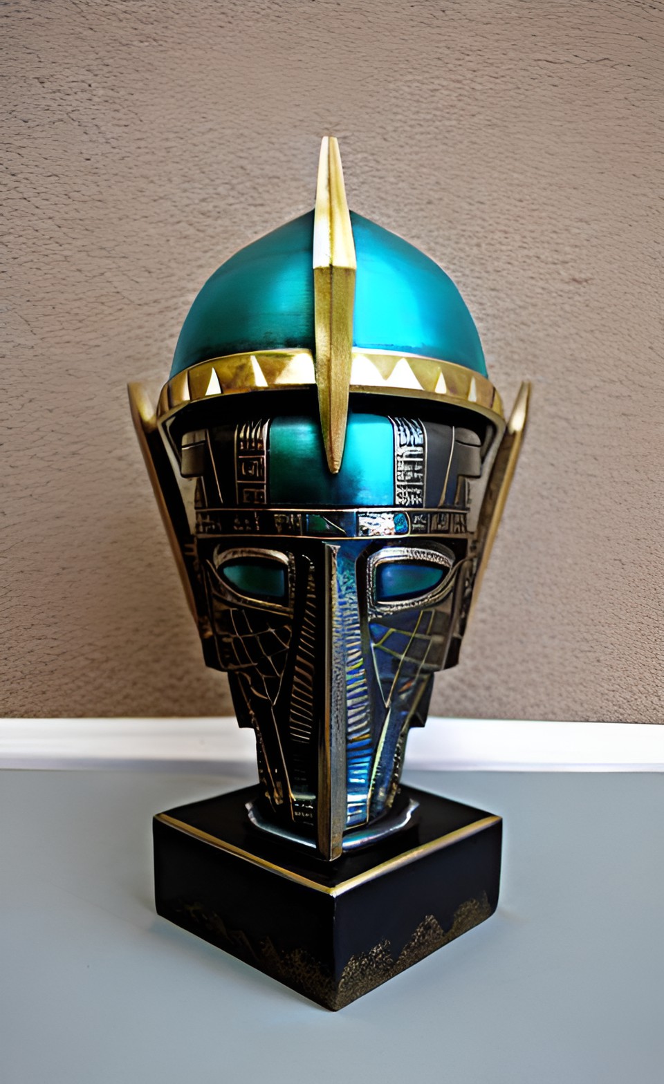 Elder - turquoise pewter and gold geometric asymmetrical  egyptian aztec alien helmet futuristic sculpture aerodynamic preview