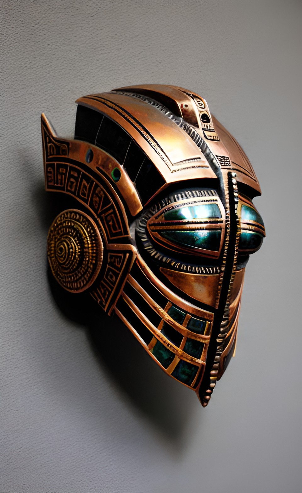 Ancient Pilot - ancient copper pewter and gold geometric asymmetrical  egyptian aztec alien fish helmet futuristic sculpture aerodynamic preview