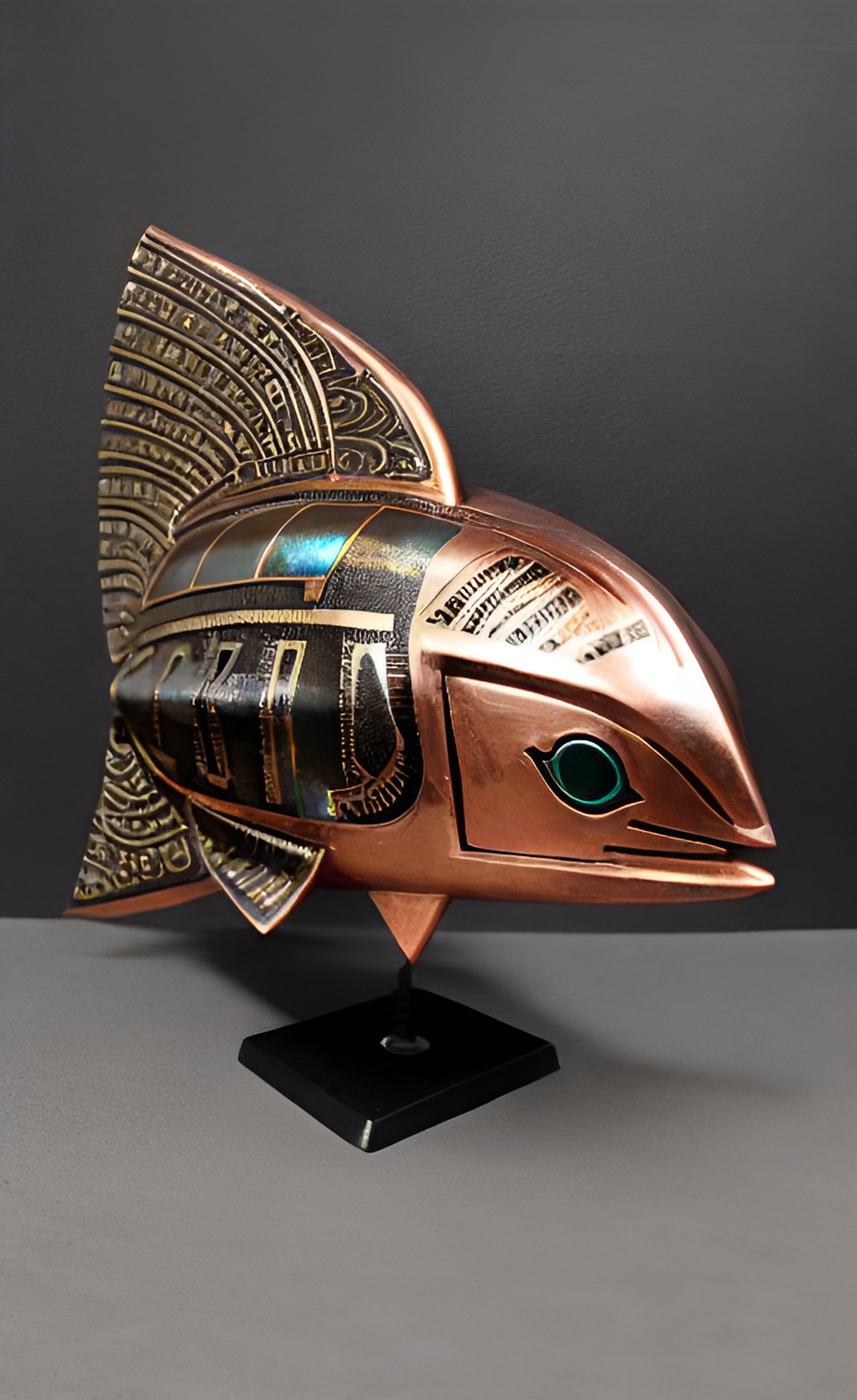 Fish Sculpture - ancient copper pewter and gold geometric asymmetrical egyptian aztec alien fish helmet futuristic sculpture aerodynamic preview