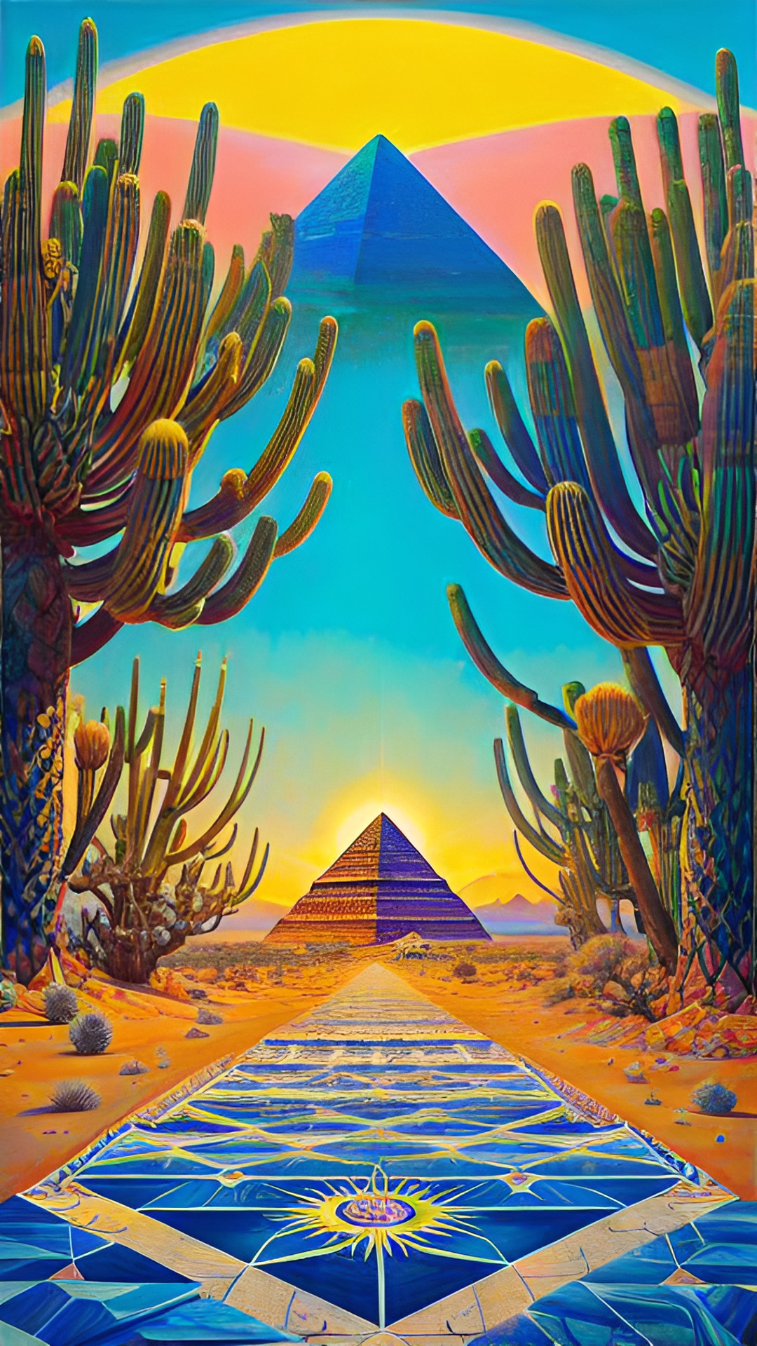 pyramids in the desert in front of a giant sun preview