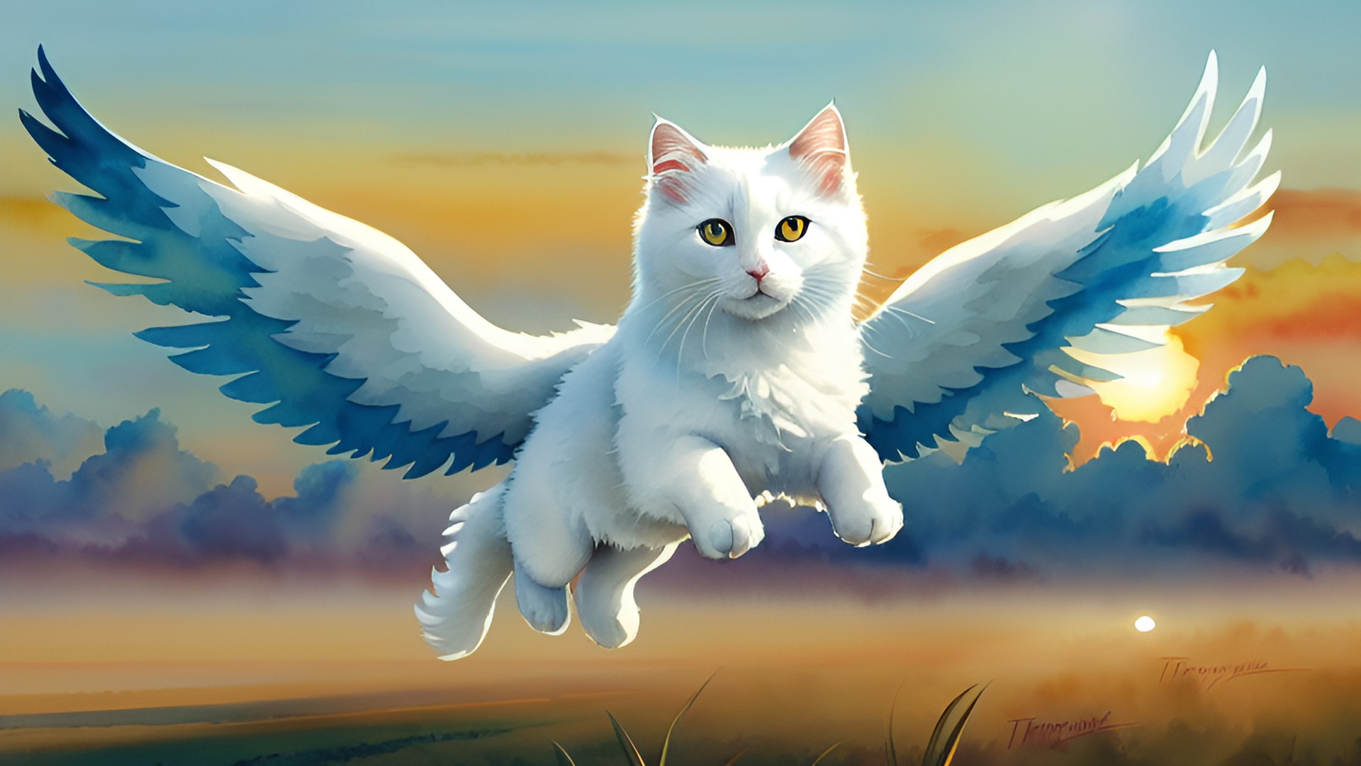 fluffy white cat flying with angel wings in a sunset preview