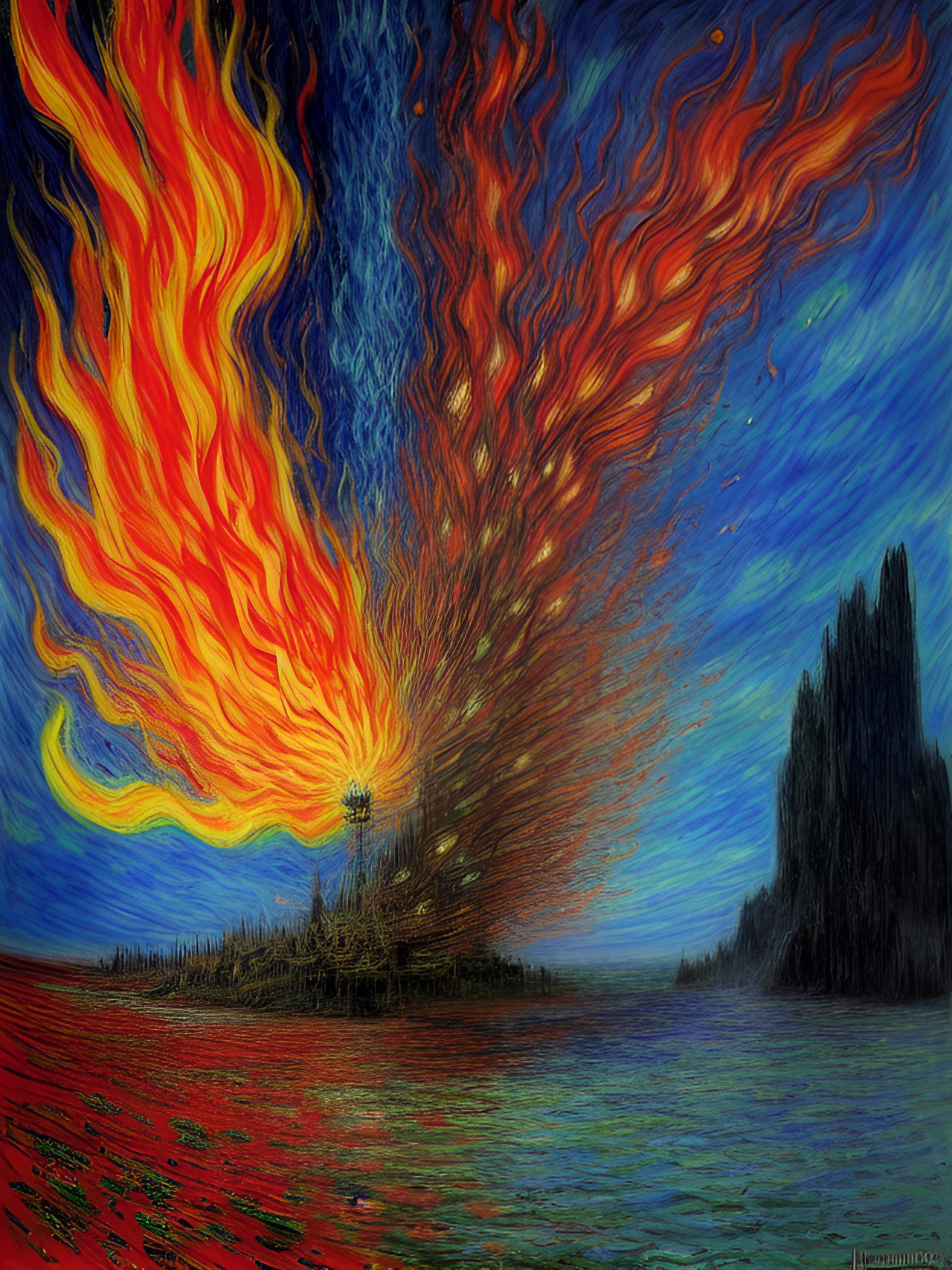 fiery explosion|todd mcfarlane style|claude monet style|hdr|3d|16k|don't repeat|90mm|neon blue preview