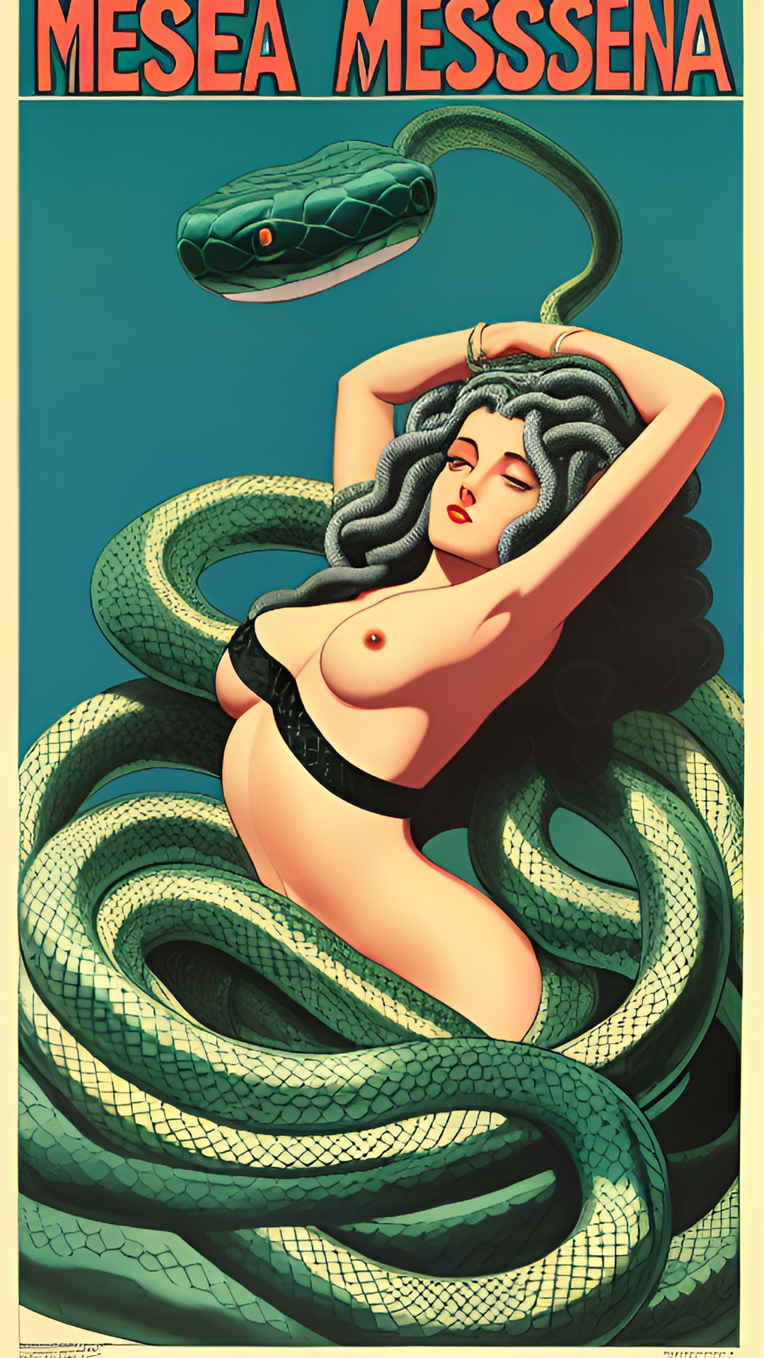 medusa bathing in snakes with minimal clothing only snakes vintage poster preview