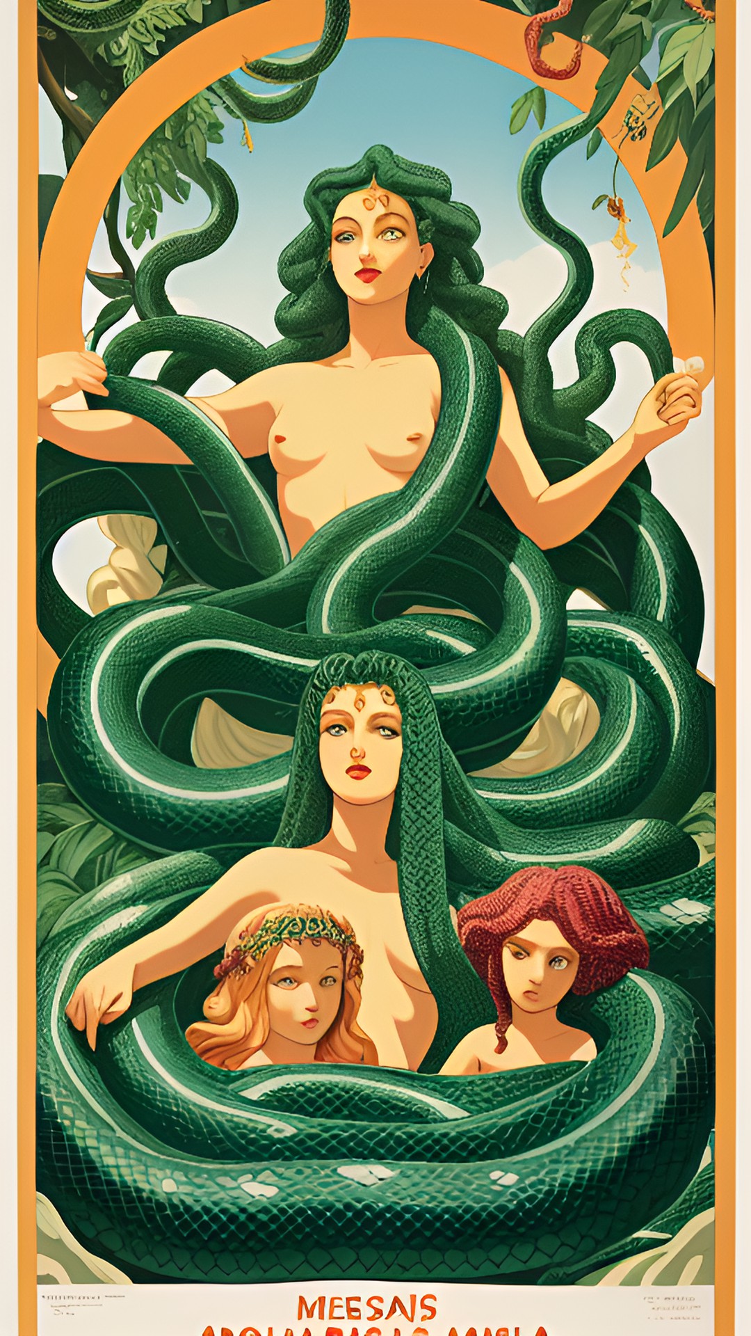 medusa bathing in snakes with minimal clothing only snakes vintage poster with aphrodite and persephone preview