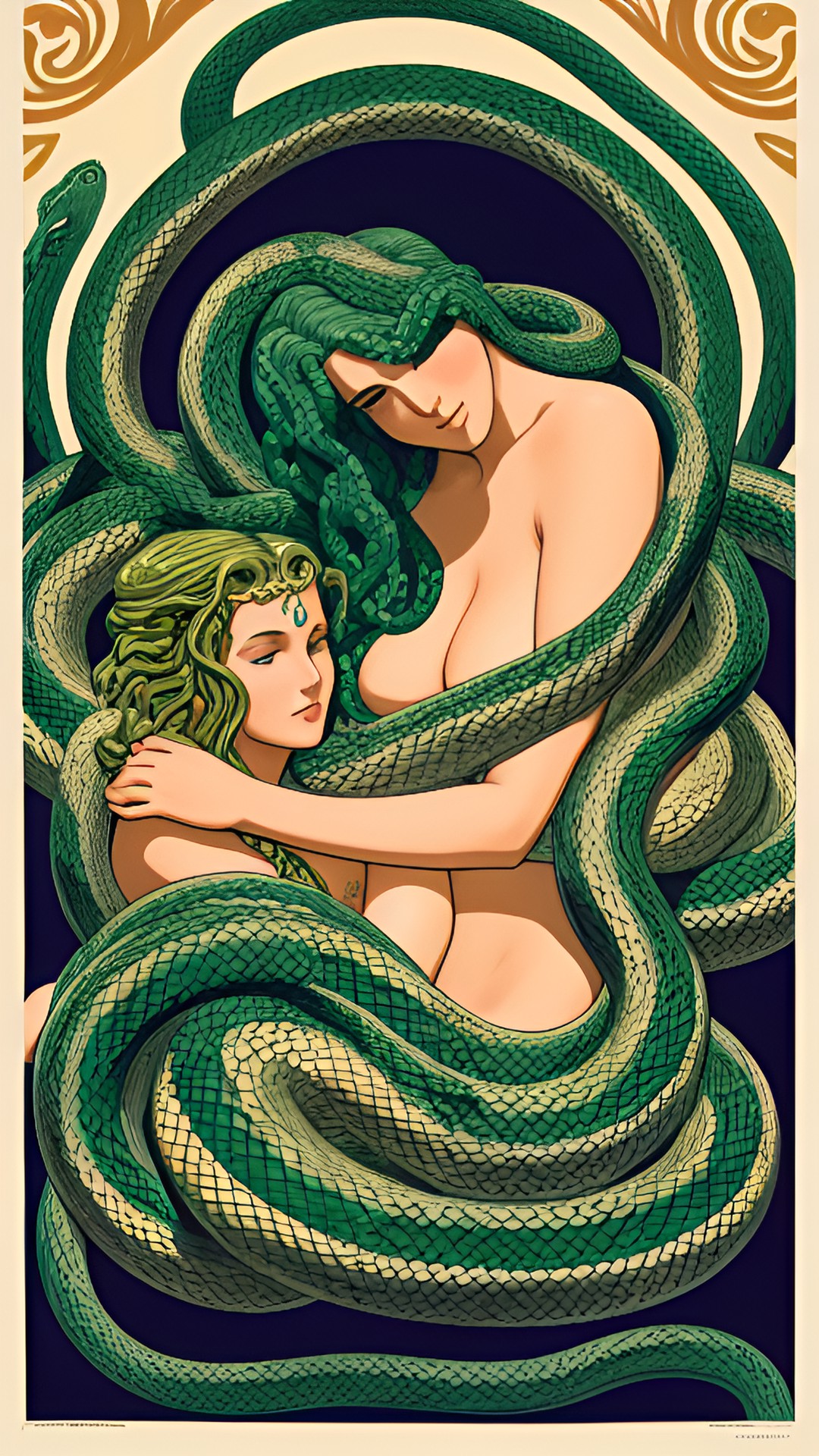 medusa - medusa bathing in snakes with minimal clothing only snakes vintage poster hugging aphrodite preview