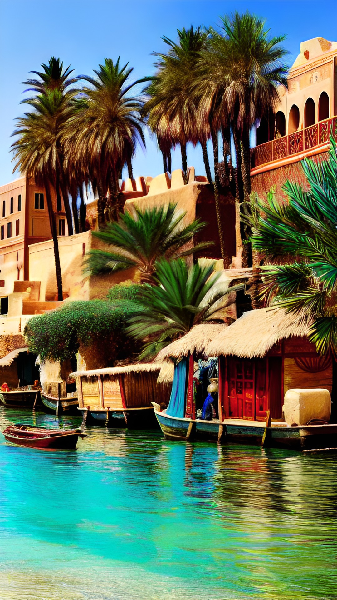 egyptian village around the sea, boat, little flying birds, palms and camels preview