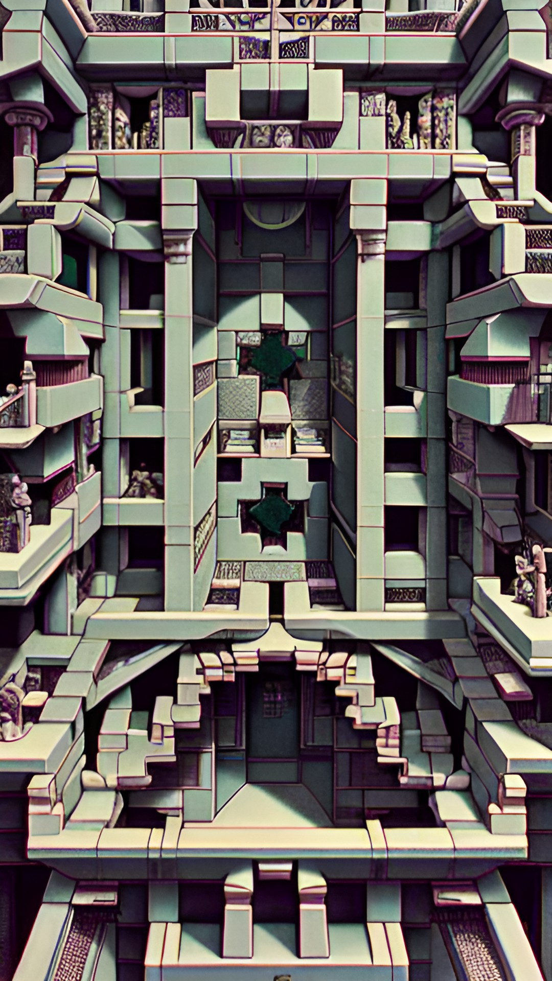 3d render of escher "relativiteit" in the style of 90's vintage anime, surrealism, akira. anime line art. preview