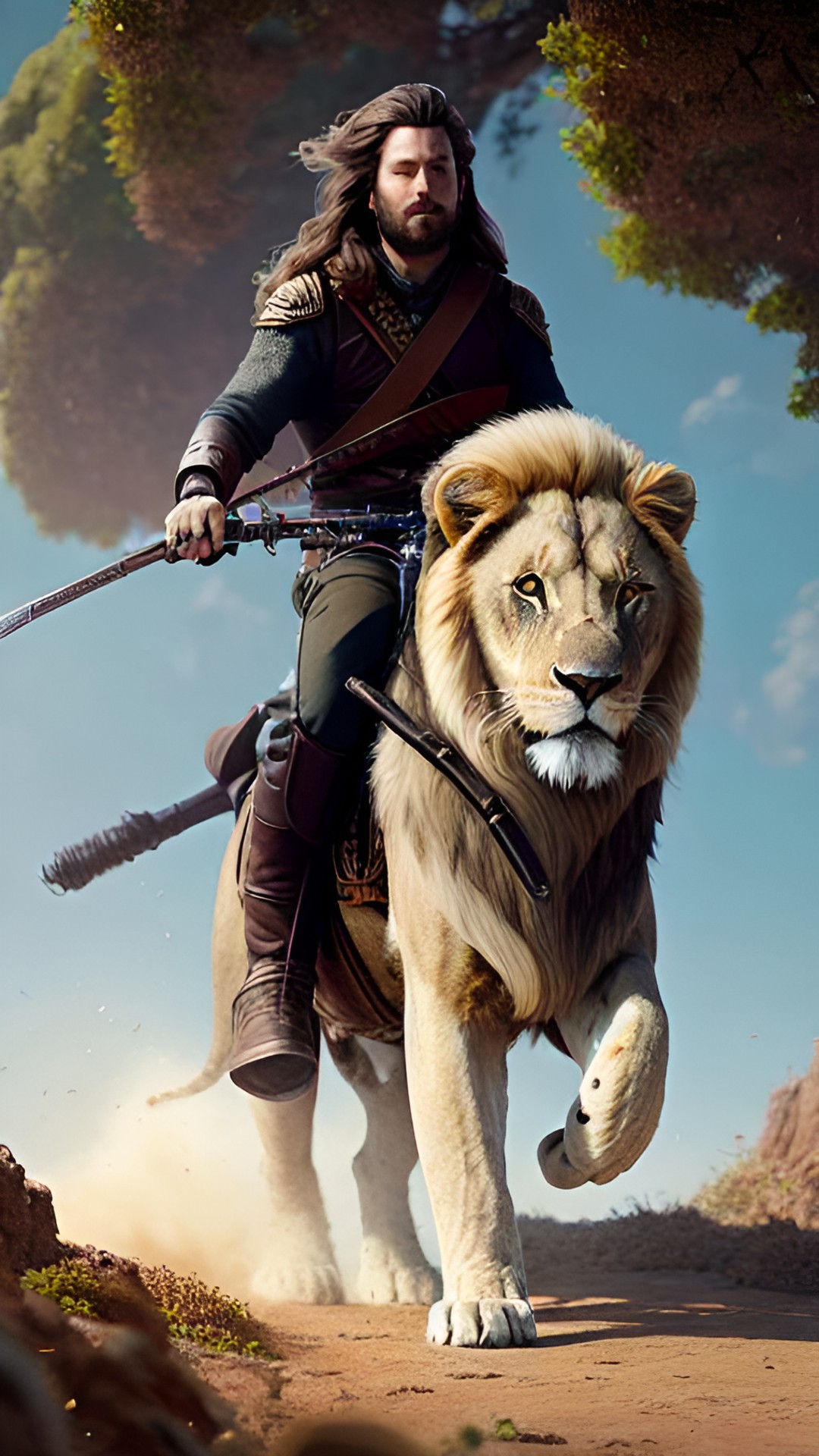 Simon and Rengar - a men with long brown hair rides on a white lion preview