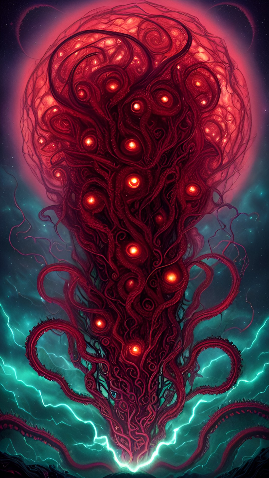 Tharagorogaraht - tharagorogaraht, the night spirit. it takes the completely eldritch and lovecraftian form of dozens of ethereal writhing tentacles formed together as one being. its many eyes glow a burgundy red, with parts of its form fading into the starry sky. it floats alone in space, searching for worlds to terrorize. preview