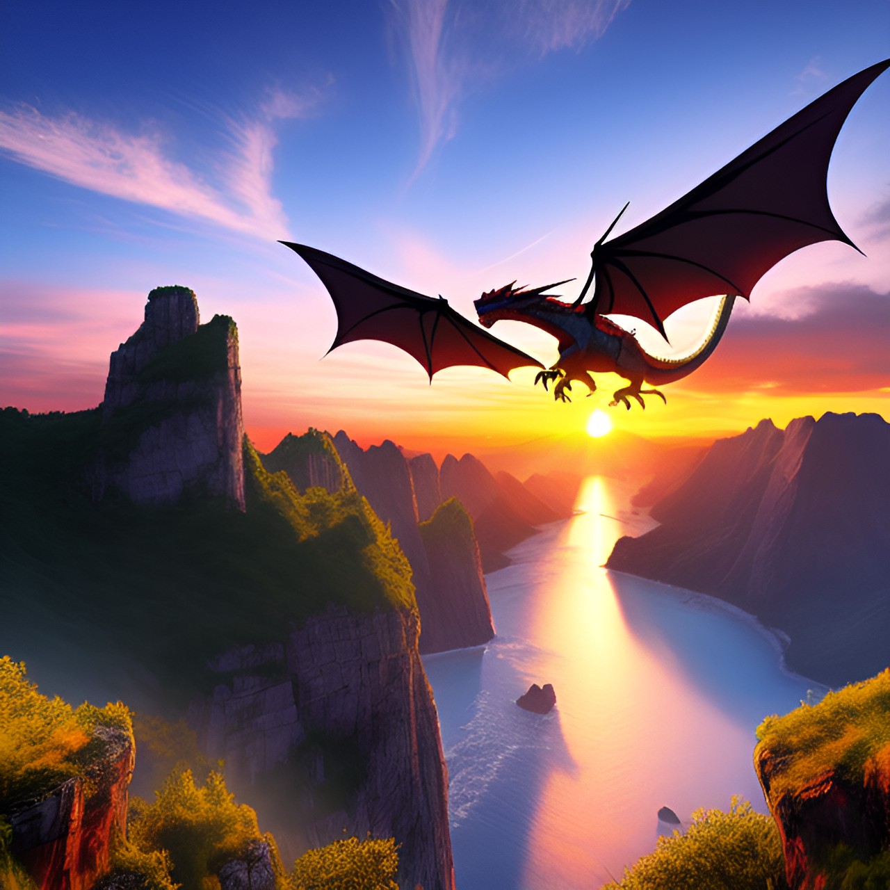 dragon flying over a cliff in the middle a sunset preview