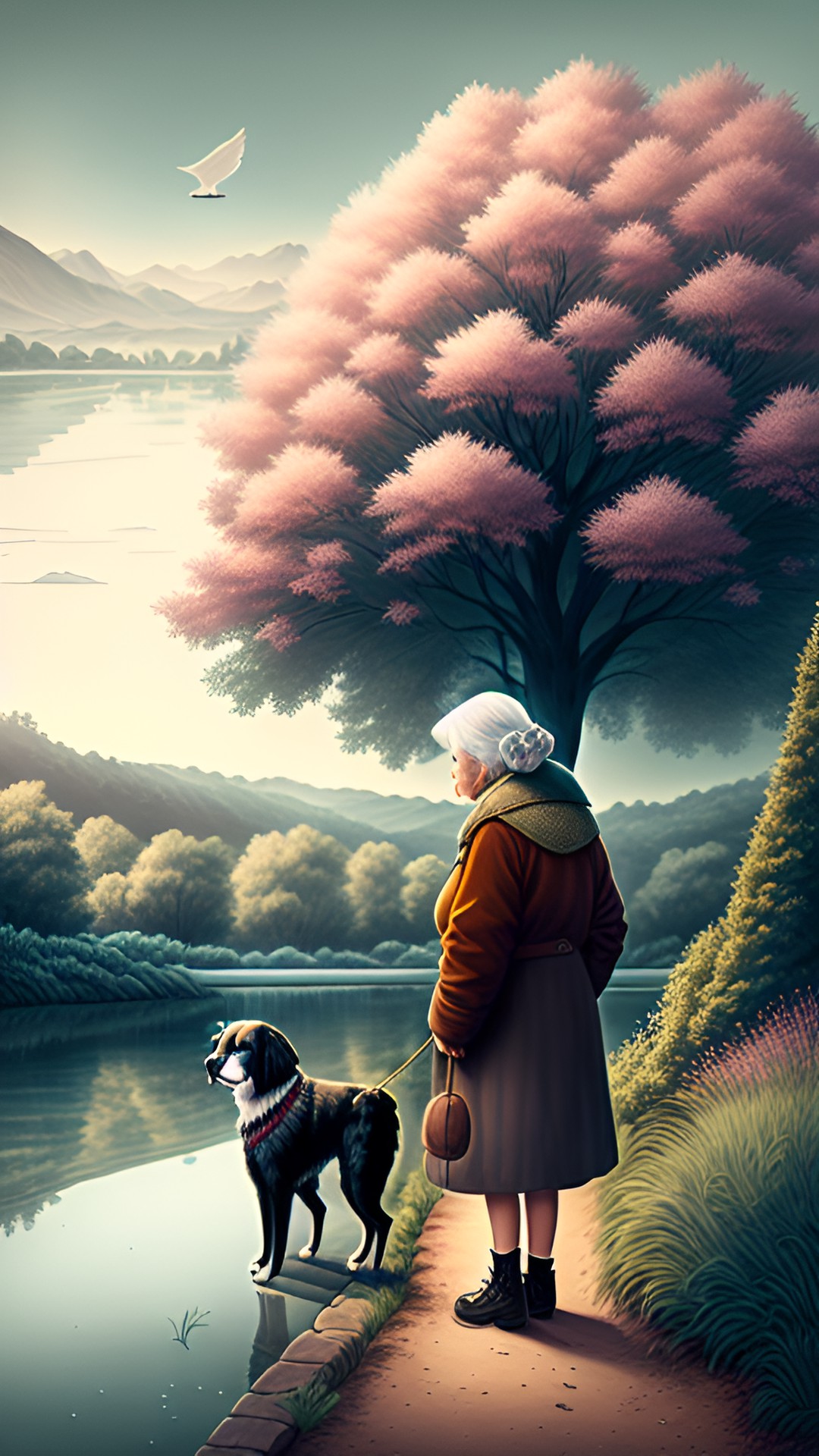 Old dog - an old woman with a dog and a tree an a river in the background preview