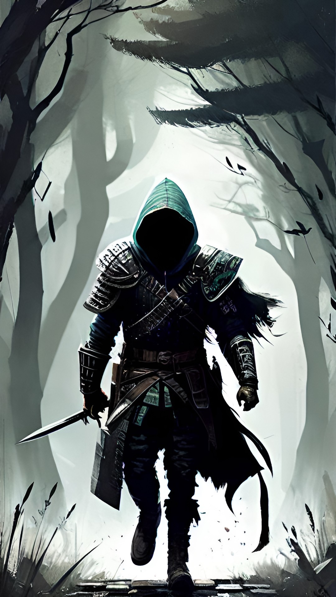 a hooded warrior carrying nothing but his one sword over his shoulder. hes walking up a hill and behind him is a vast epic battlefield with a lightening storm. he’s facing me preview