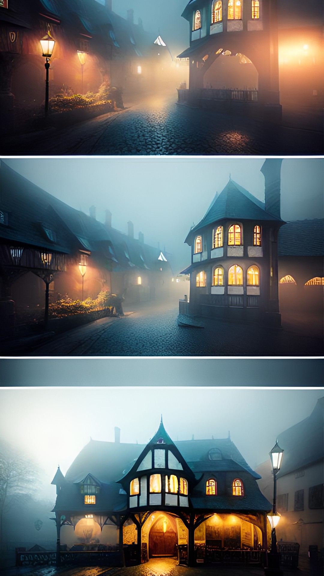 medieval inn surrounded in fog, soft lighting, night, ethereal moonlight, haunting preview