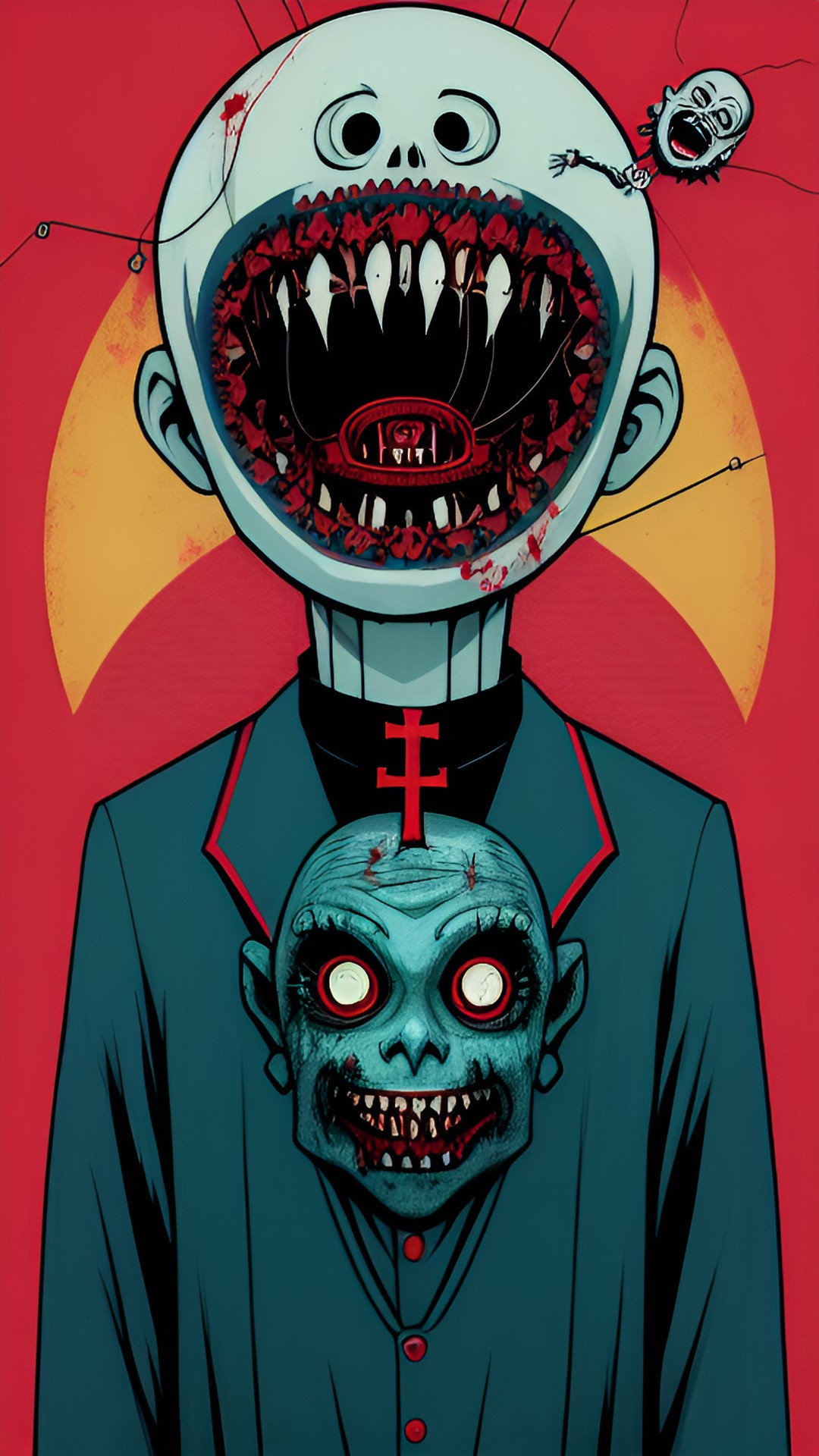 zombie priest marionette, crazy smile, disturbing, horror, insanity, dark colors. preview