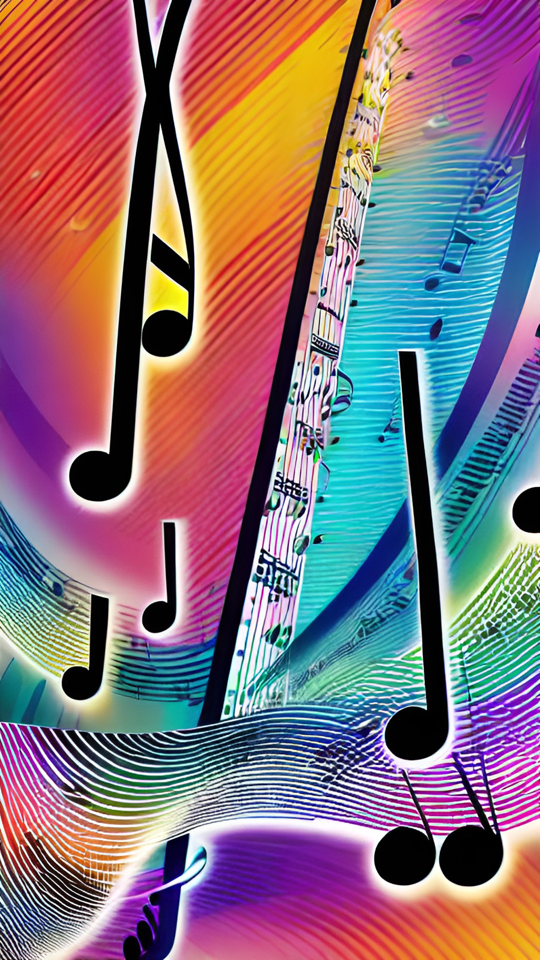 [vector image of music notes (half note whole note treble clef 🎼🎶🎵etc) carried off an abstract, colorful, digital equalizer, vector of wave pattern element] preview