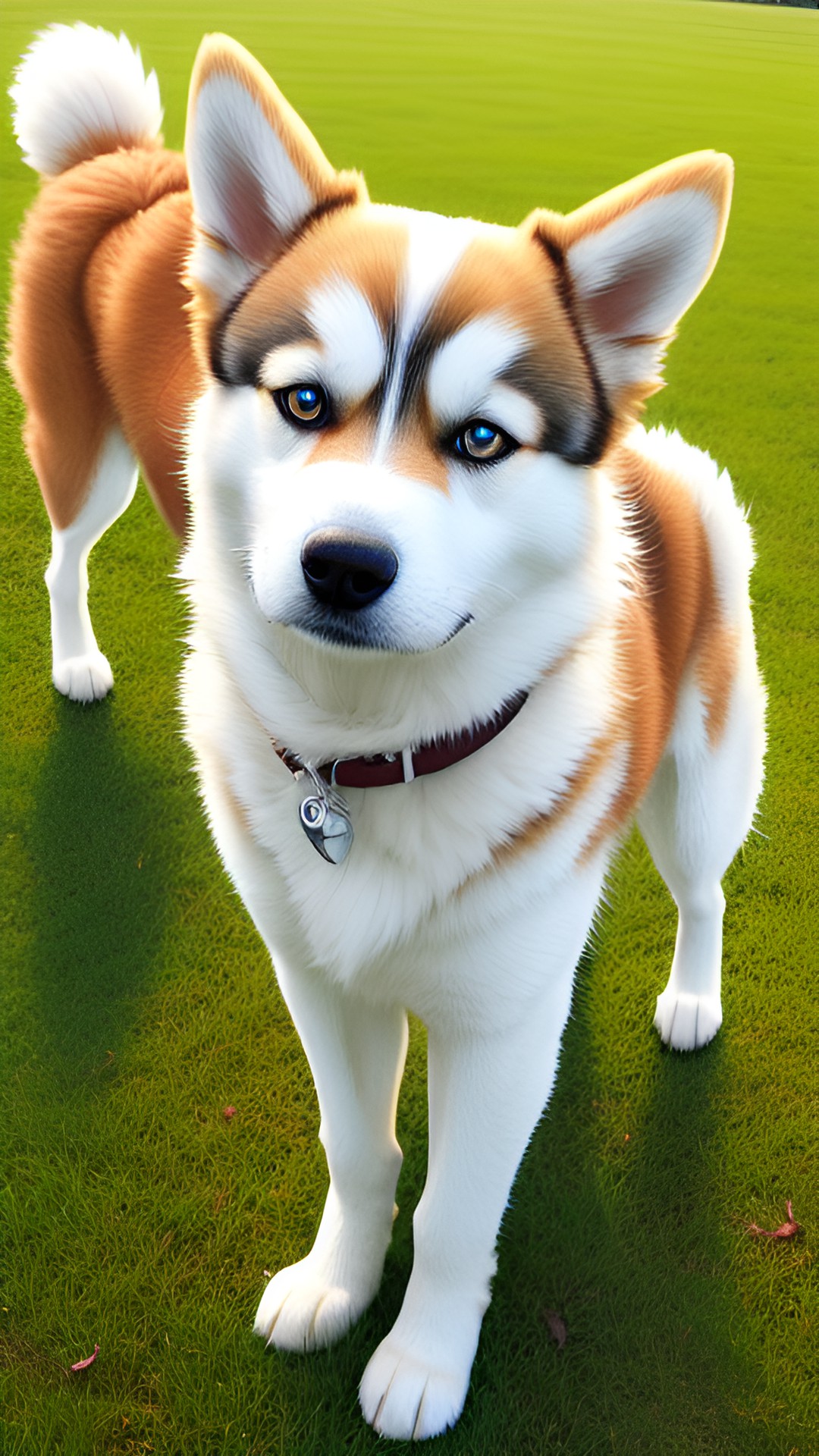 a husky dog mix with a golden retriever and a small fluffy white dog and a corgi preview