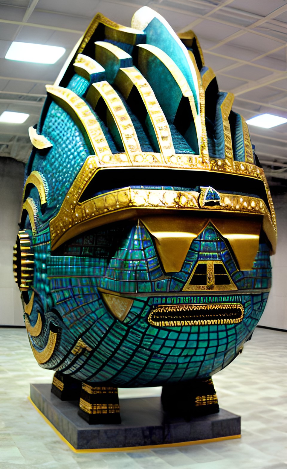 Giant Fish Head - giant turqouise and gold geometric asymmetrical aztec shark alien helmet sculpture coliseum underwater preview