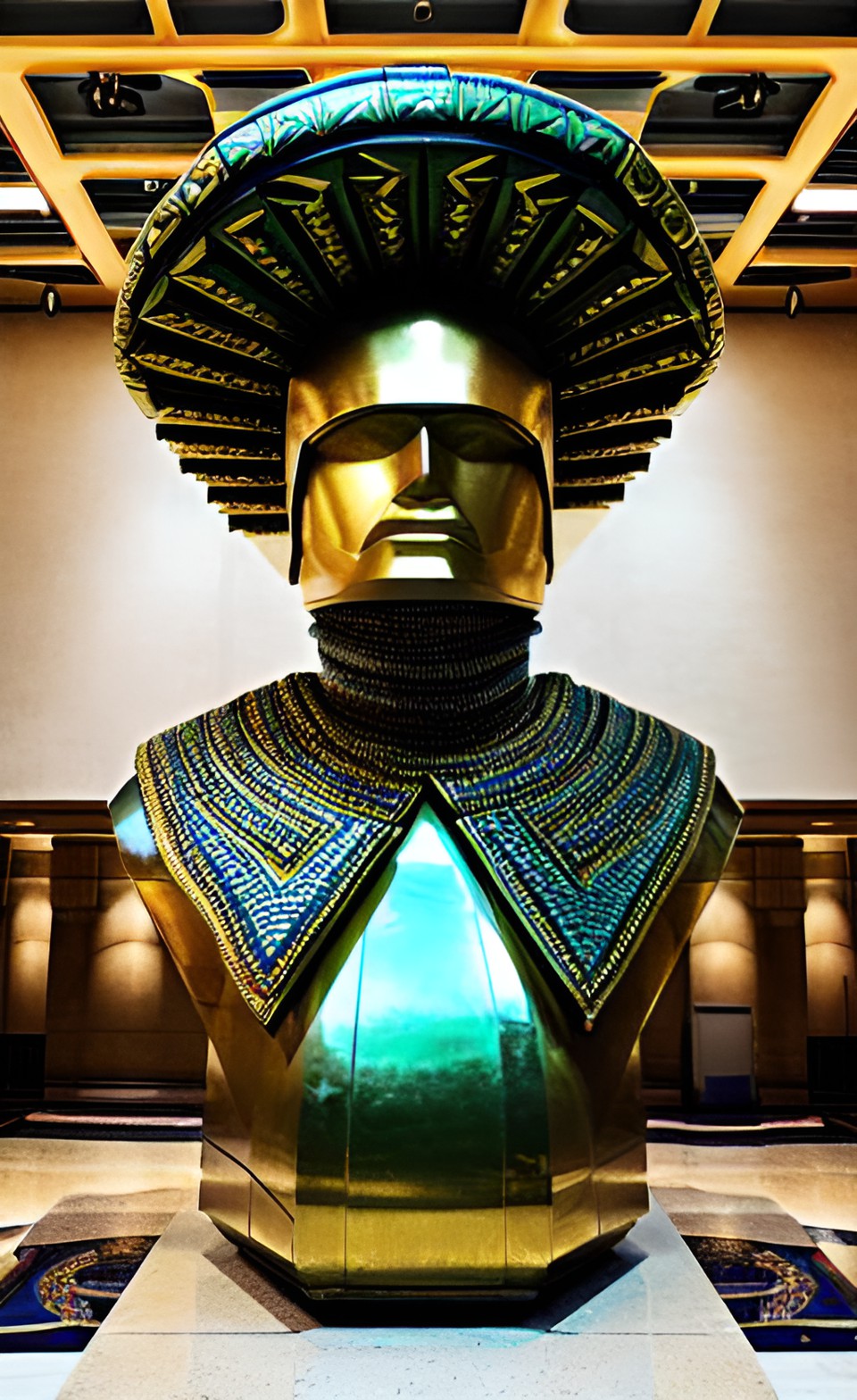 Metallic Fashion - giant turqouise and gold geometric asymmetrical aztec aerodynamic alien pilot helmet sculpture coliseum underwater preview