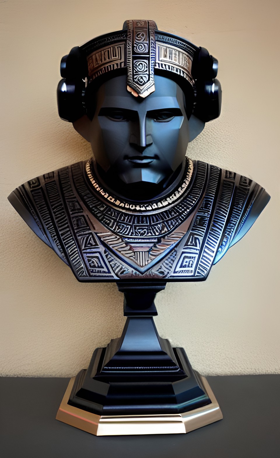 Techno Bust - giant black and rose gold geometric asymmetrical aztec aerodynamic alien pilot bust sculpture coliseum underwater preview