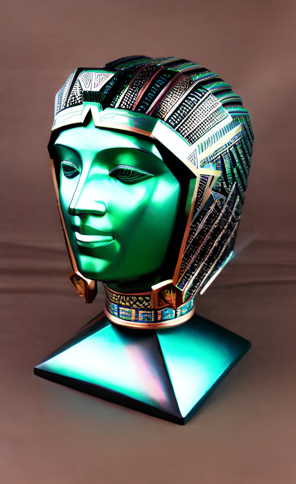 Ornamental Helmet - black and neon rose gold geometric asymmetrical  aztec egyptian aerodynamic alien helicopter pilot helmet bust sculpture green jade visor preview