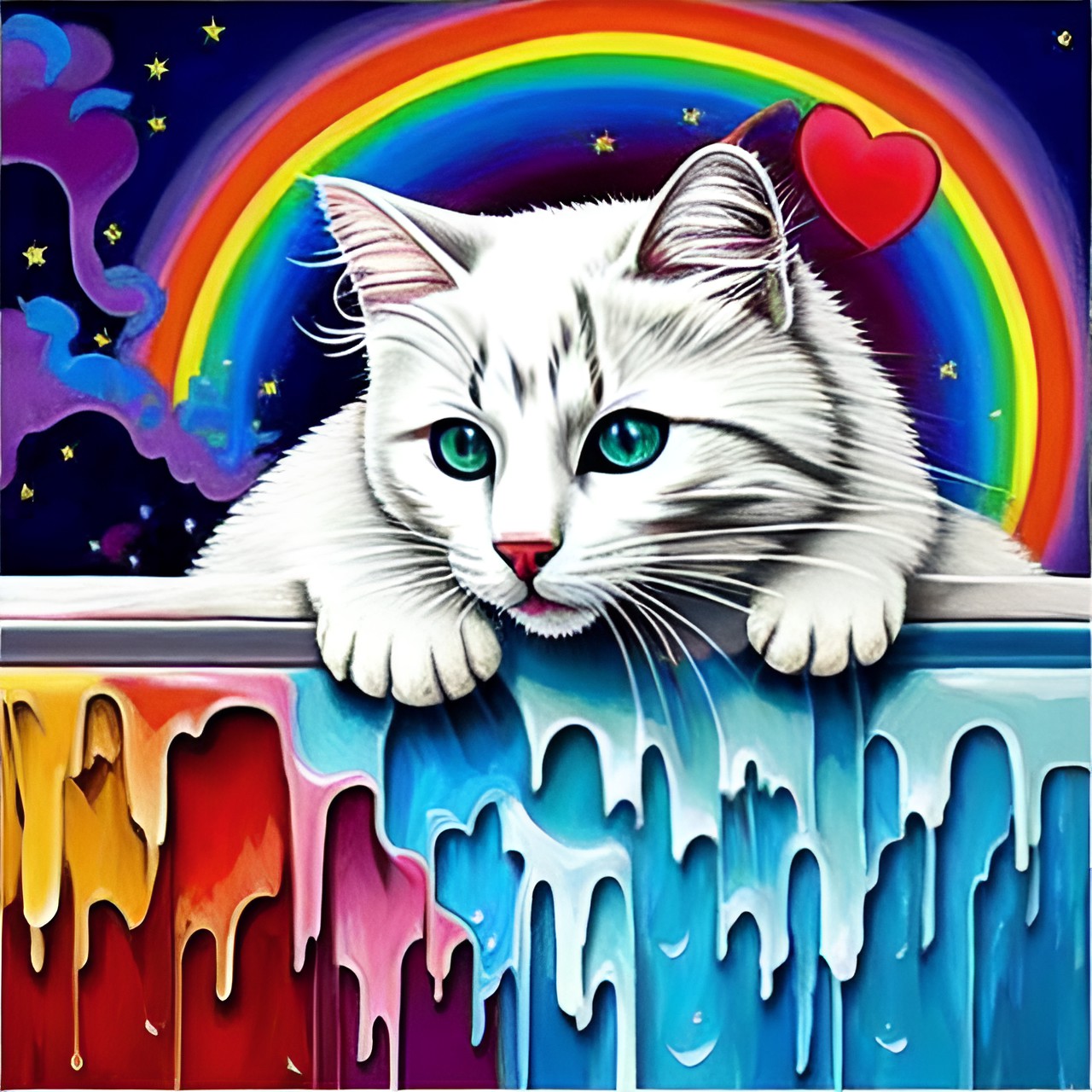 white fluffy cat drinking from a fountain by a rainbow preview