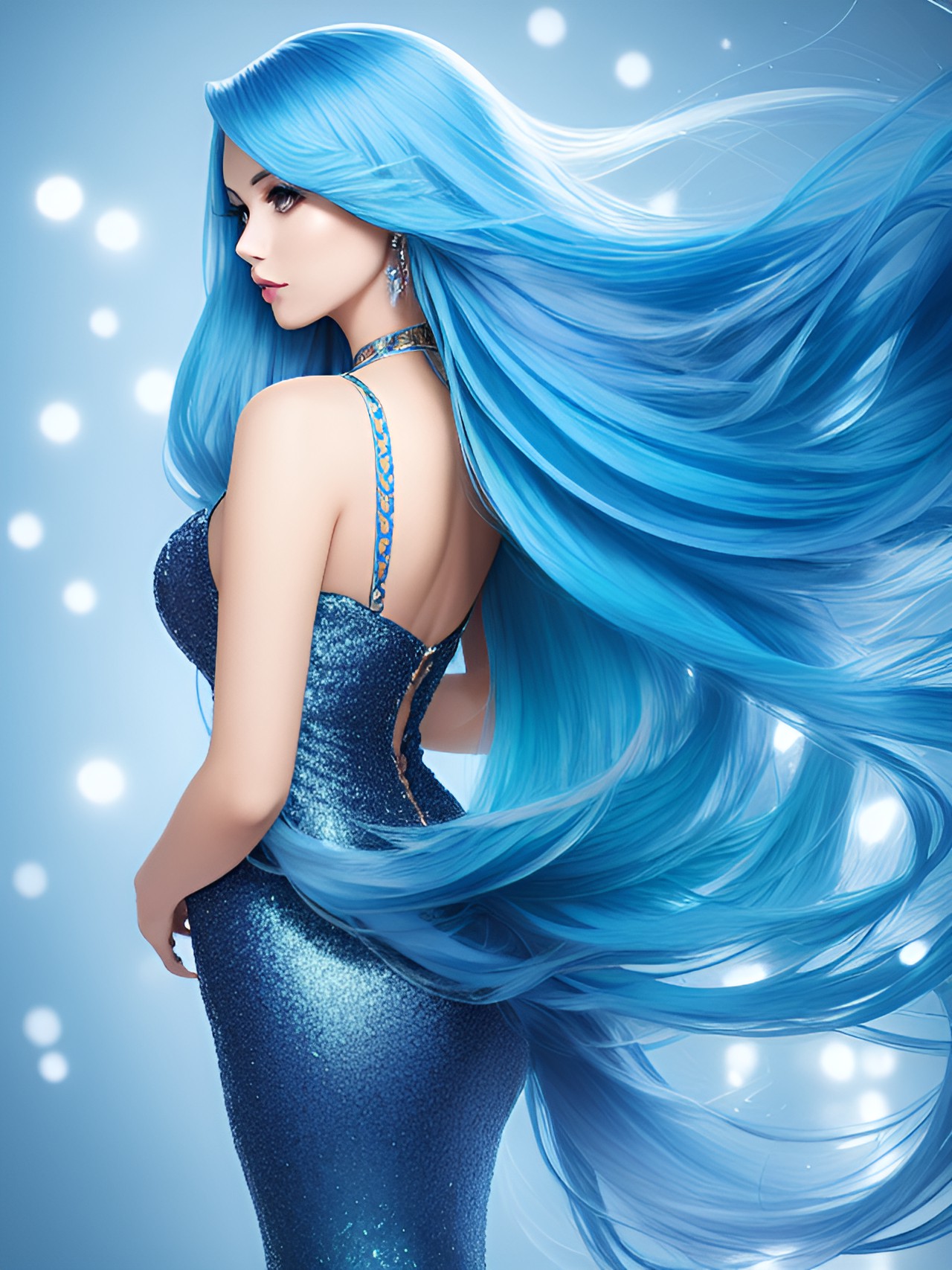 a stunning woman with mermaid-blue hair extensions cascading down her back, expertly feathered to create a mesmerizing, dream-like effect. preview