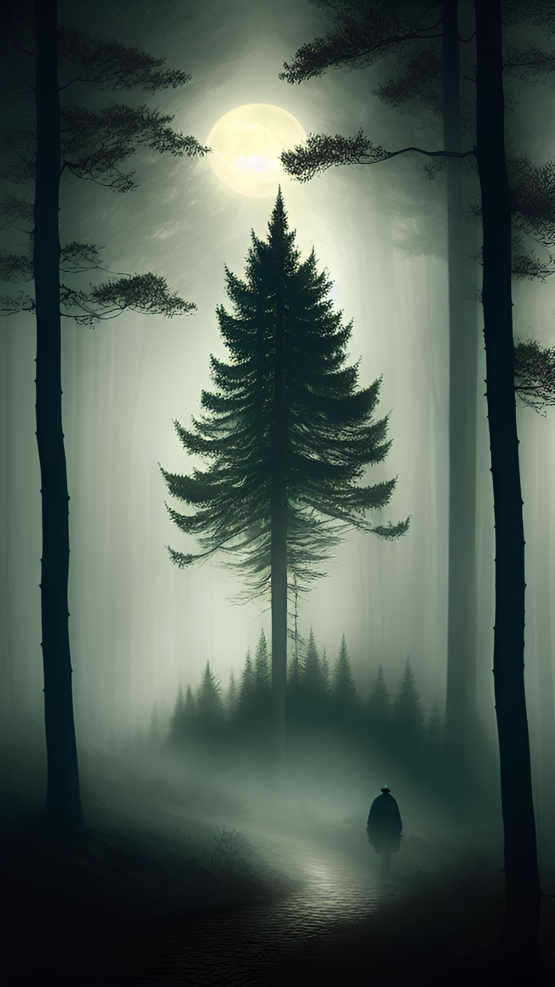 Pricking of thumb - misty forest backdrop, dimly lit by moonlight. place an eerie silhouette of a figure preview