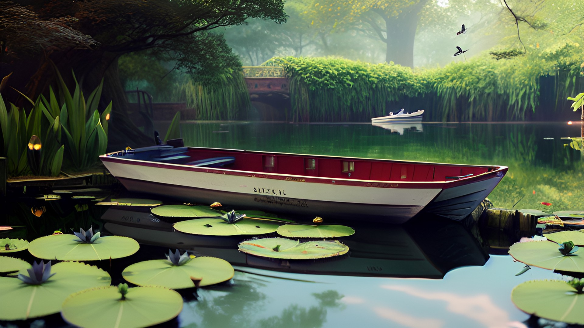 small empty boat on a pond with lily pads and small bridge preview