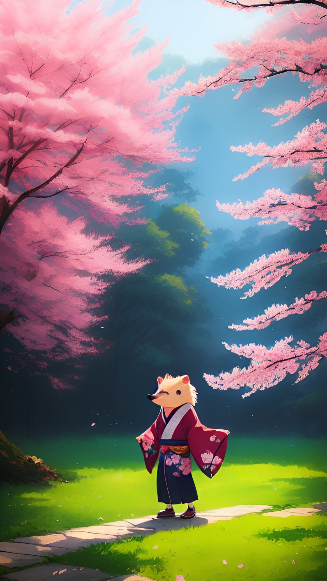 hedgehog in kimono with cherry blossoms. preview