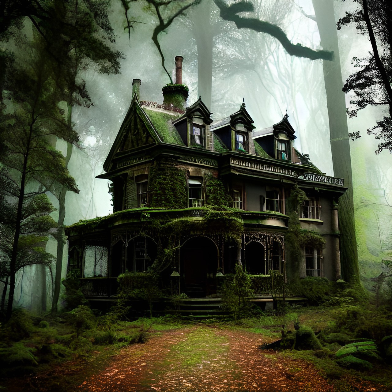 Dream home - in the woods sits a mossy victorian house with vines growing up it and mushrooms outside  - mossy victorian house in the woods with vines and mushrooms. it looks abandoned, yet eerie and mysterious. preview